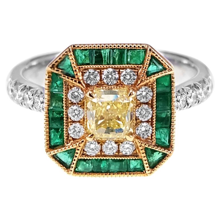 GIA Certified 1.03 Carat Fancy Intense Yellow and Emerald Unique Design Ring