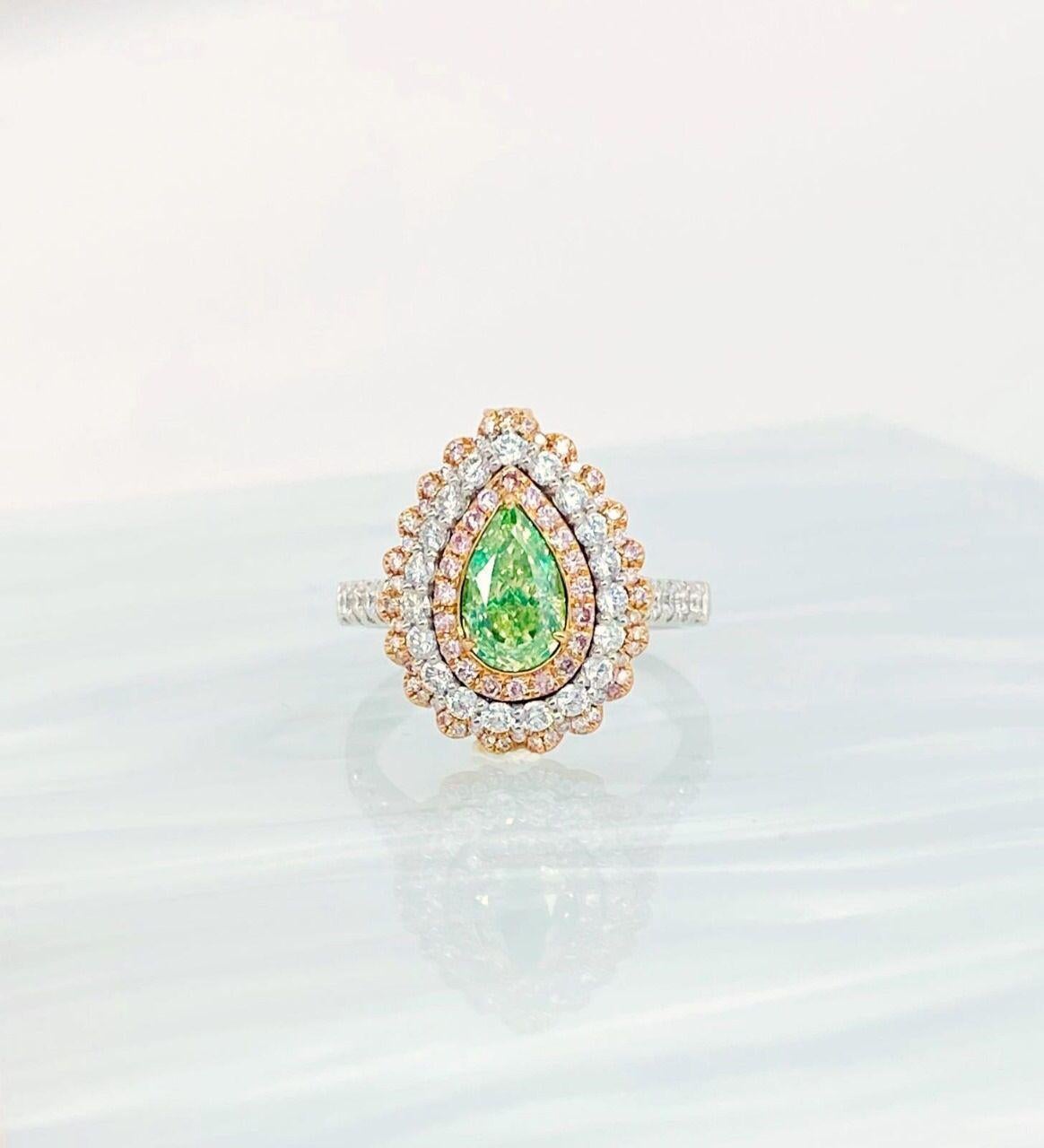 Pear Cut GIA Certified 1.03 Carat Fancy Light Greenish Yellow I2 Clarity Diamond Ring For Sale