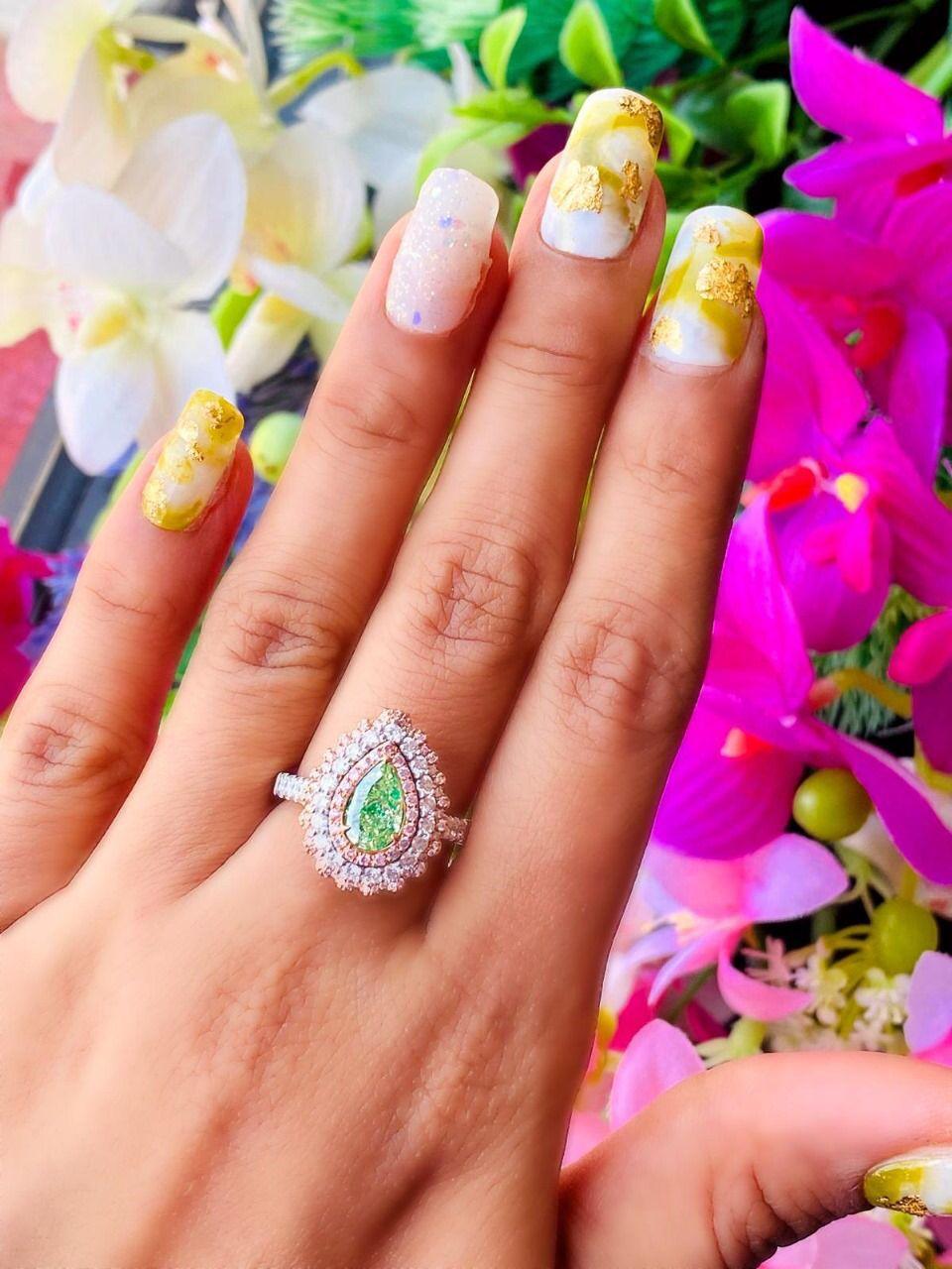 GIA Certified 1.03 Carat Fancy Light Greenish Yellow I2 Clarity Diamond Ring For Sale 1