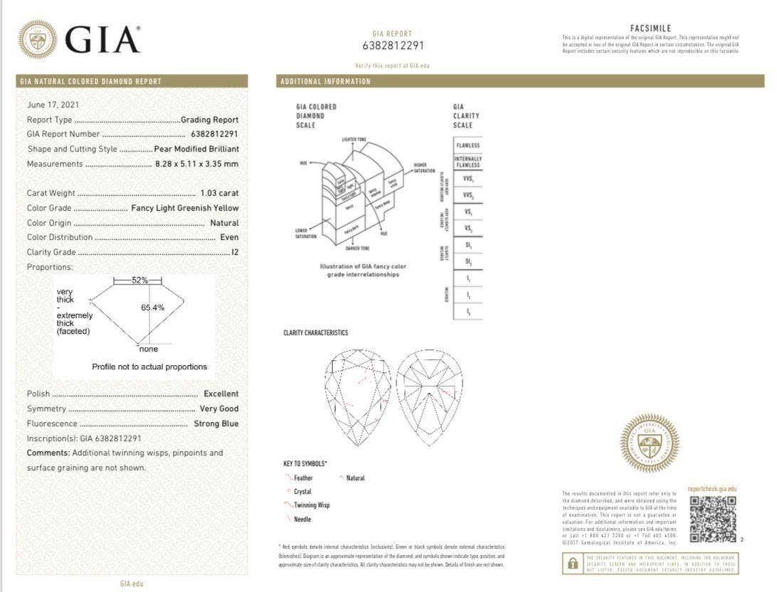 GIA Certified 1.03 Carat Fancy Light Greenish Yellow I2 Clarity Diamond Ring For Sale 3