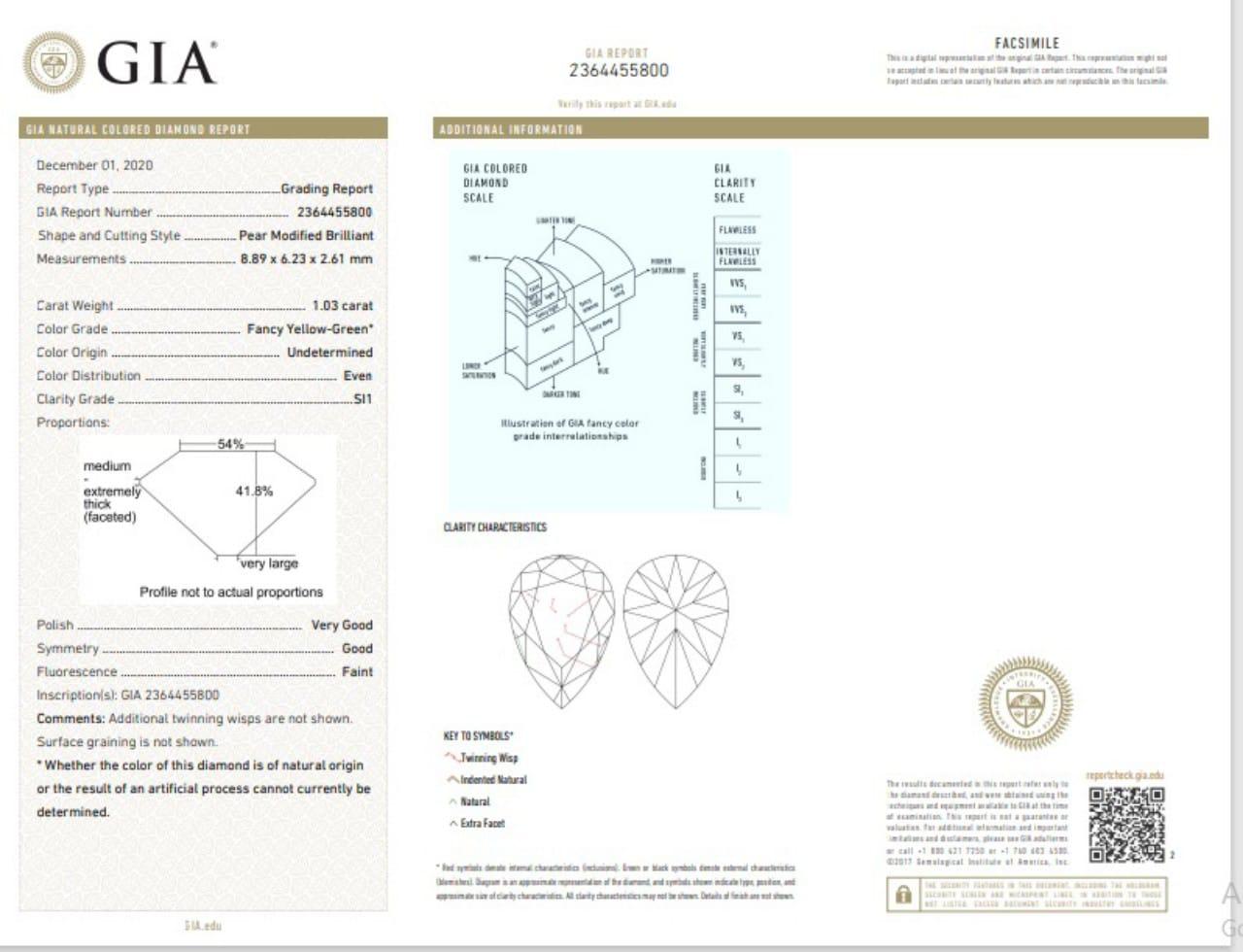 Diamant fantaisie jaune vert de 1,03 carat de pureté SI1 certifié GIA en vente 1