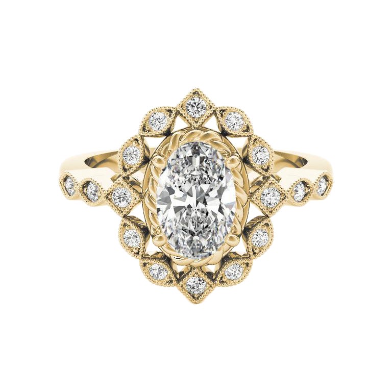 Anello con diamante ovale a doppio fiore in oro giallo 18 carati certificato GIA da 1,03 carati