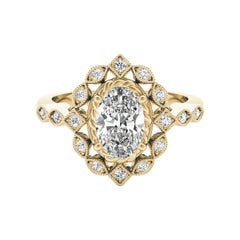 GIA Certified 1.03 Carat Oval Double Halo Flower 18K Yellow Gold Diamond Ring
