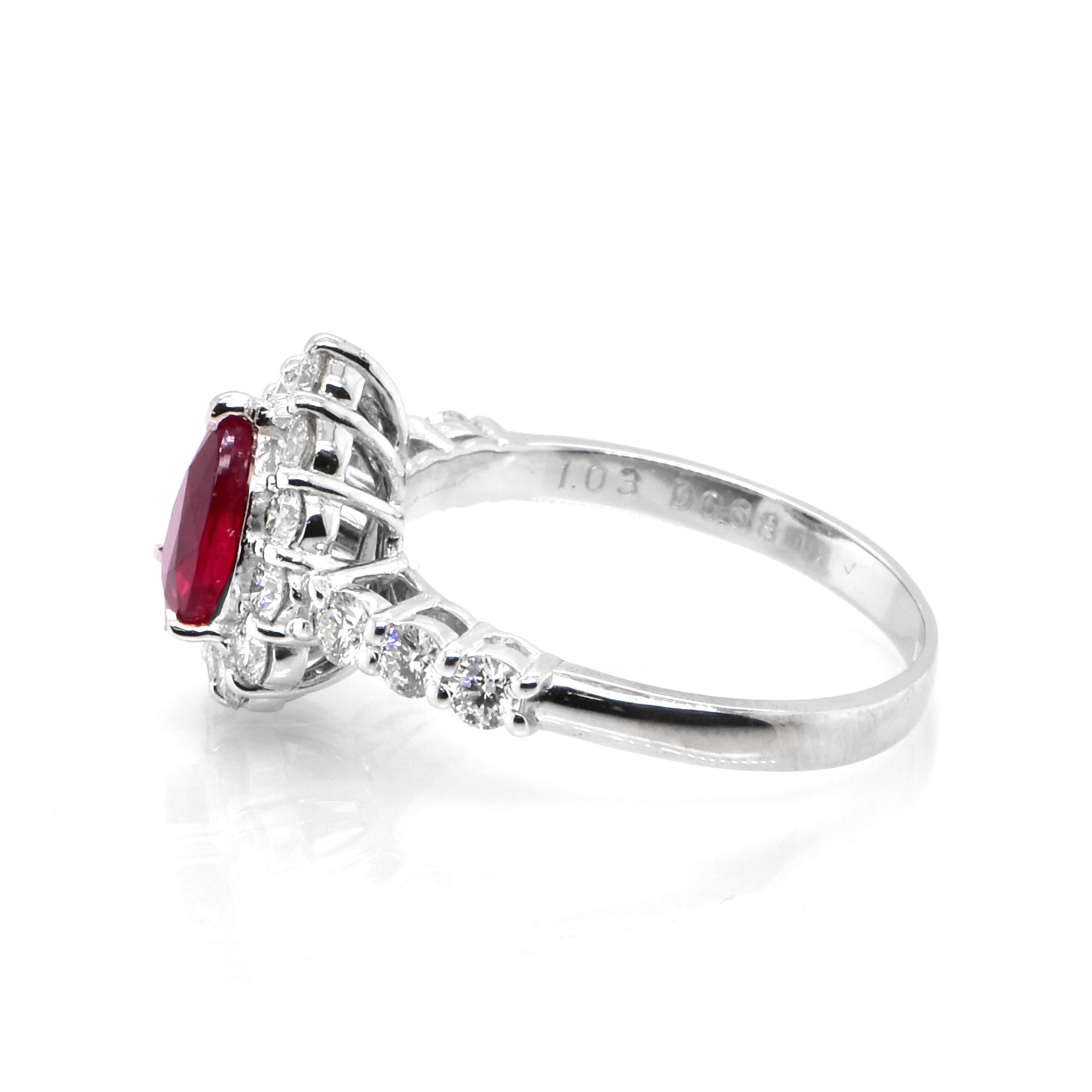 Modern GIA Certified 1.03 Carat, Pigeon Blood Red, Burmese Ruby Ring Made in Platinum For Sale