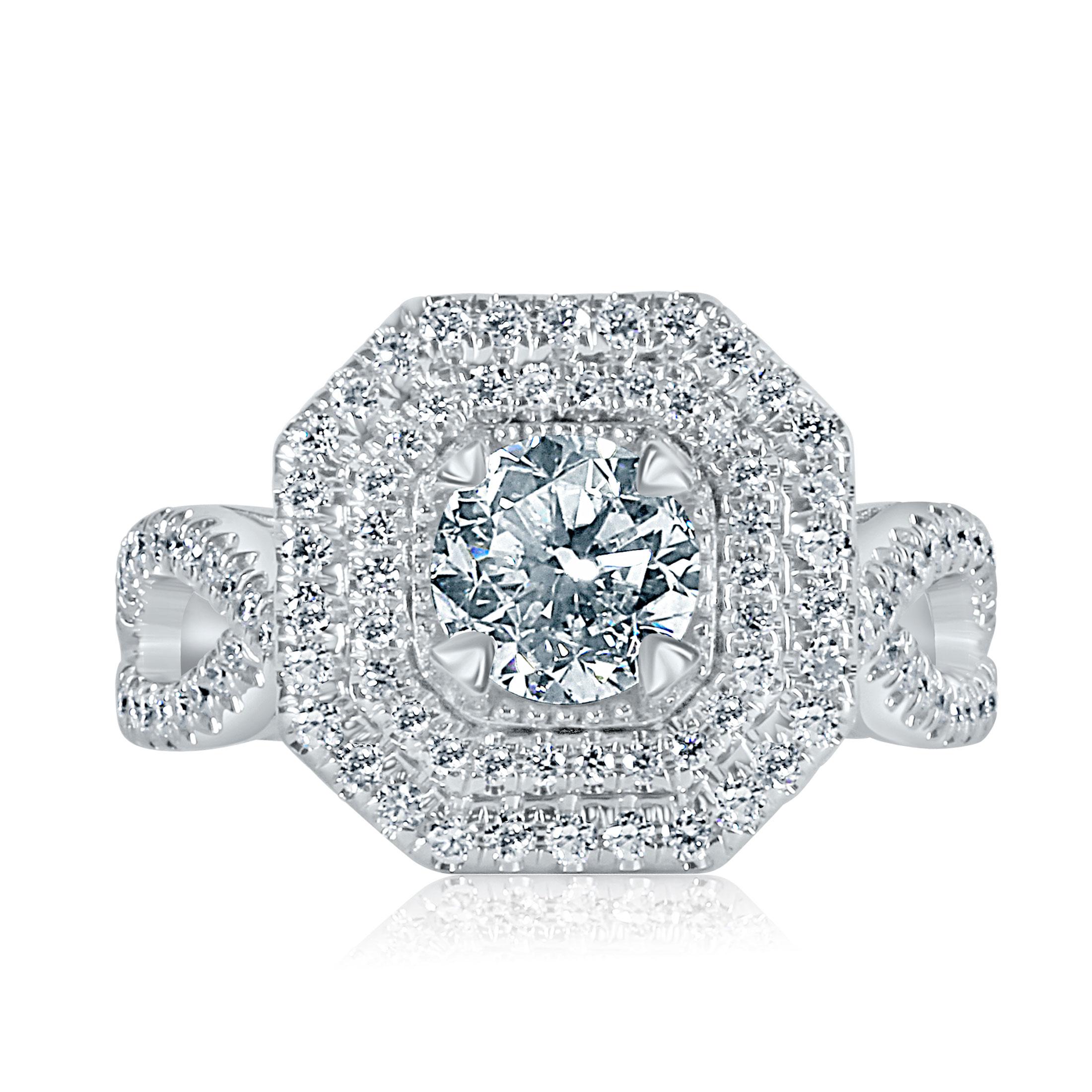 Modern GIA Certified 1.03 Ct Round Diamond Double Halo Engagement Ring 18K White Gold For Sale