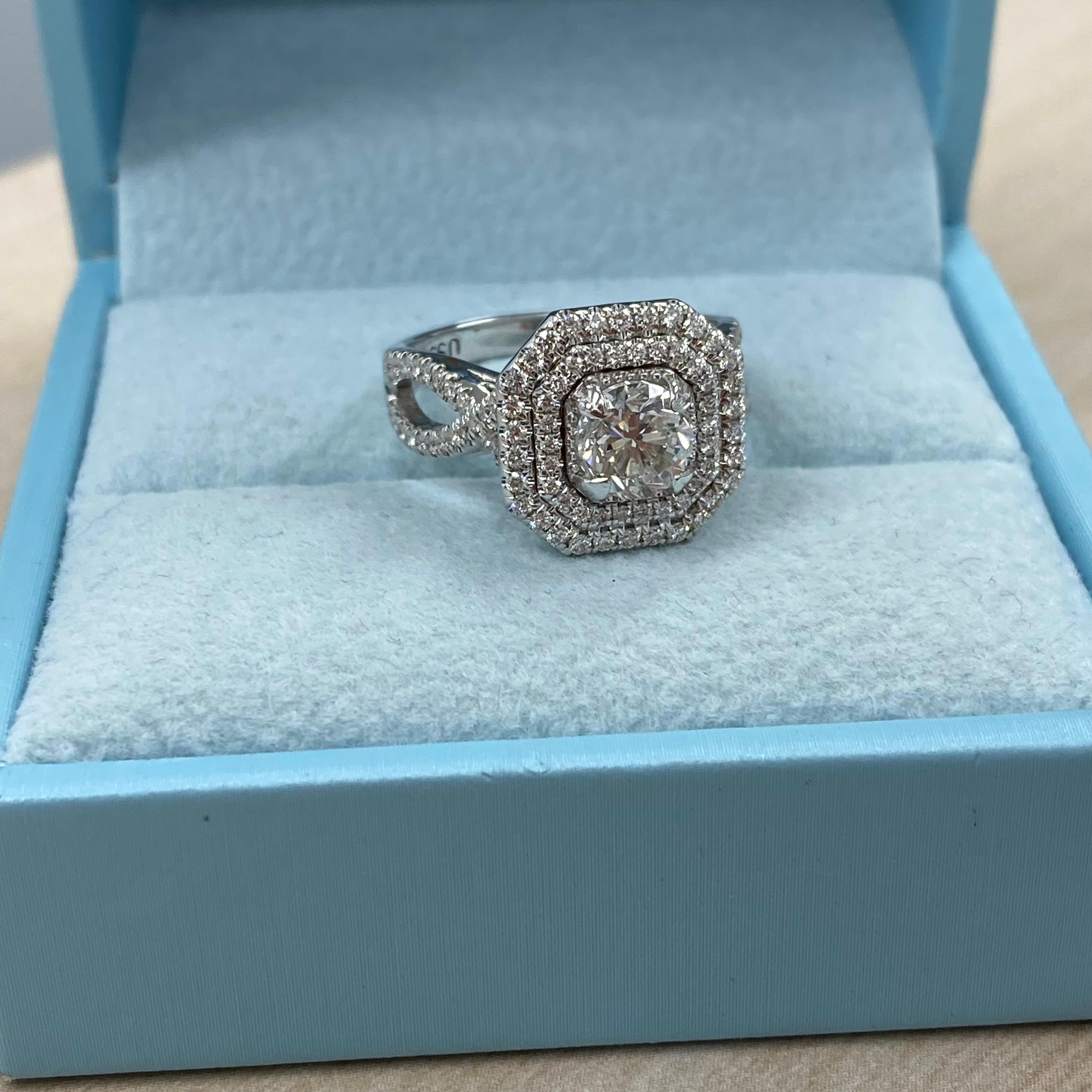 GIA Certified 1.03 Ct Round Diamond Double Halo Engagement Ring 18K White Gold In New Condition For Sale In New York, NY