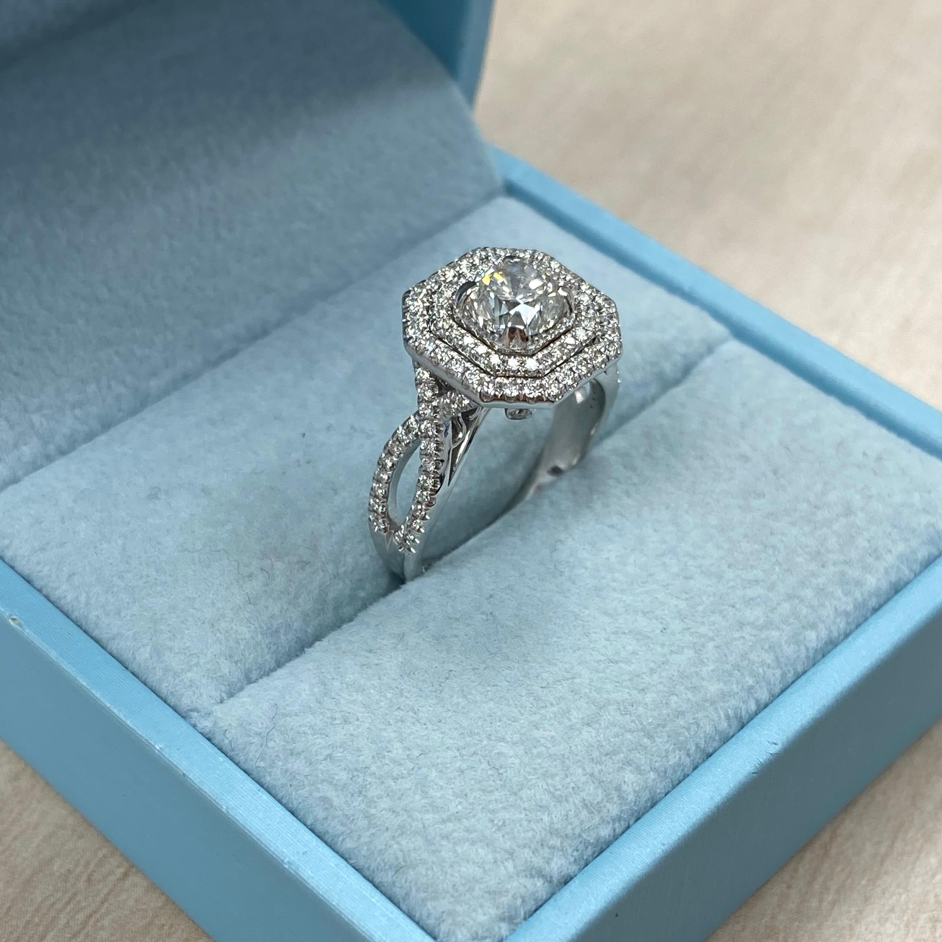 Women's GIA Certified 1.03 Ct Round Diamond Double Halo Engagement Ring 18K White Gold For Sale
