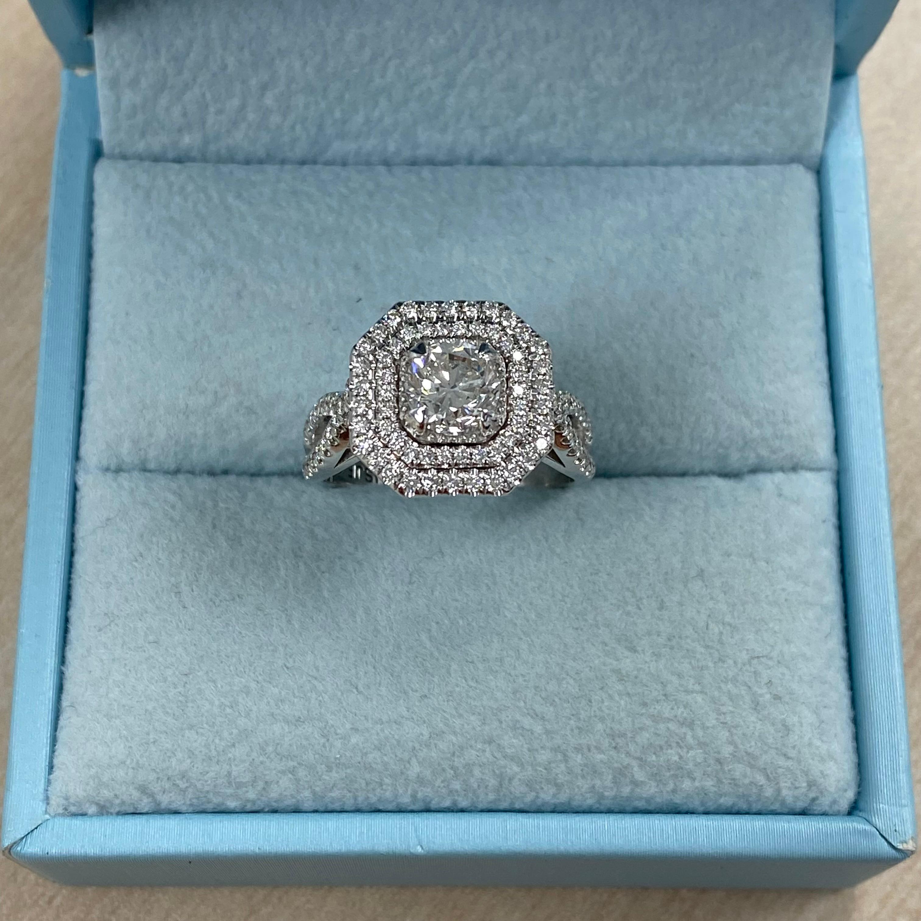 GIA Certified 1.03 Ct Round Diamond Double Halo Engagement Ring 18K White Gold For Sale 1