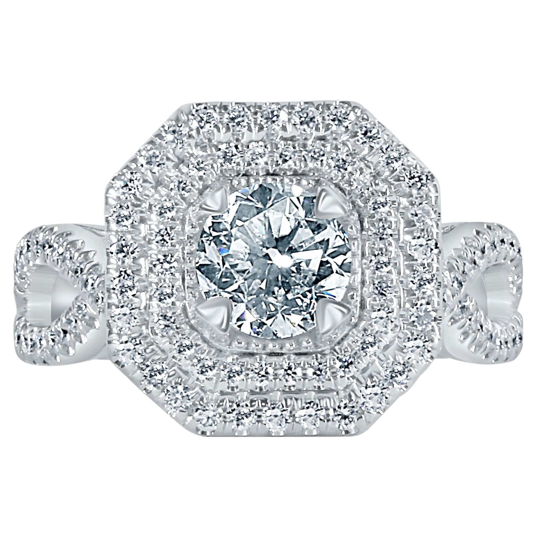 GIA Certified 1.03 Ct Round Diamond Double Halo Engagement Ring 18K White Gold
