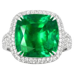 GIA Certified 10.30 Carat Colombian Cushion Emerald and Diamond Platinum Ring