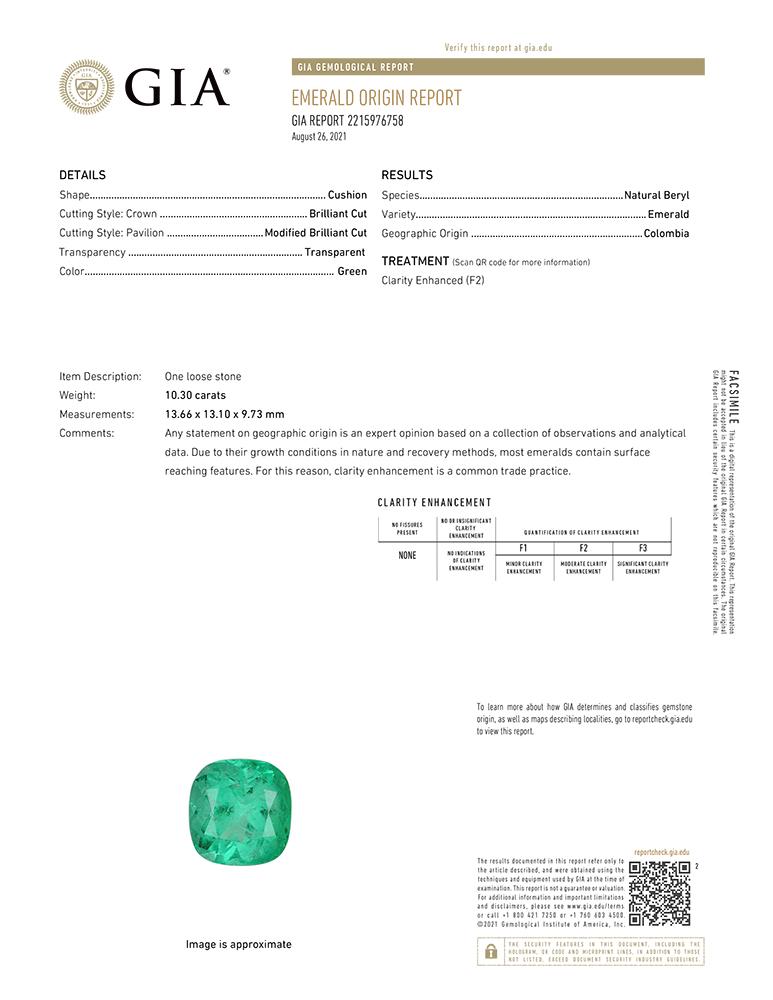 GIA Certified 10.30 Carat Cushion Colombian Emerald Solitaire Ring Corte cojín en venta