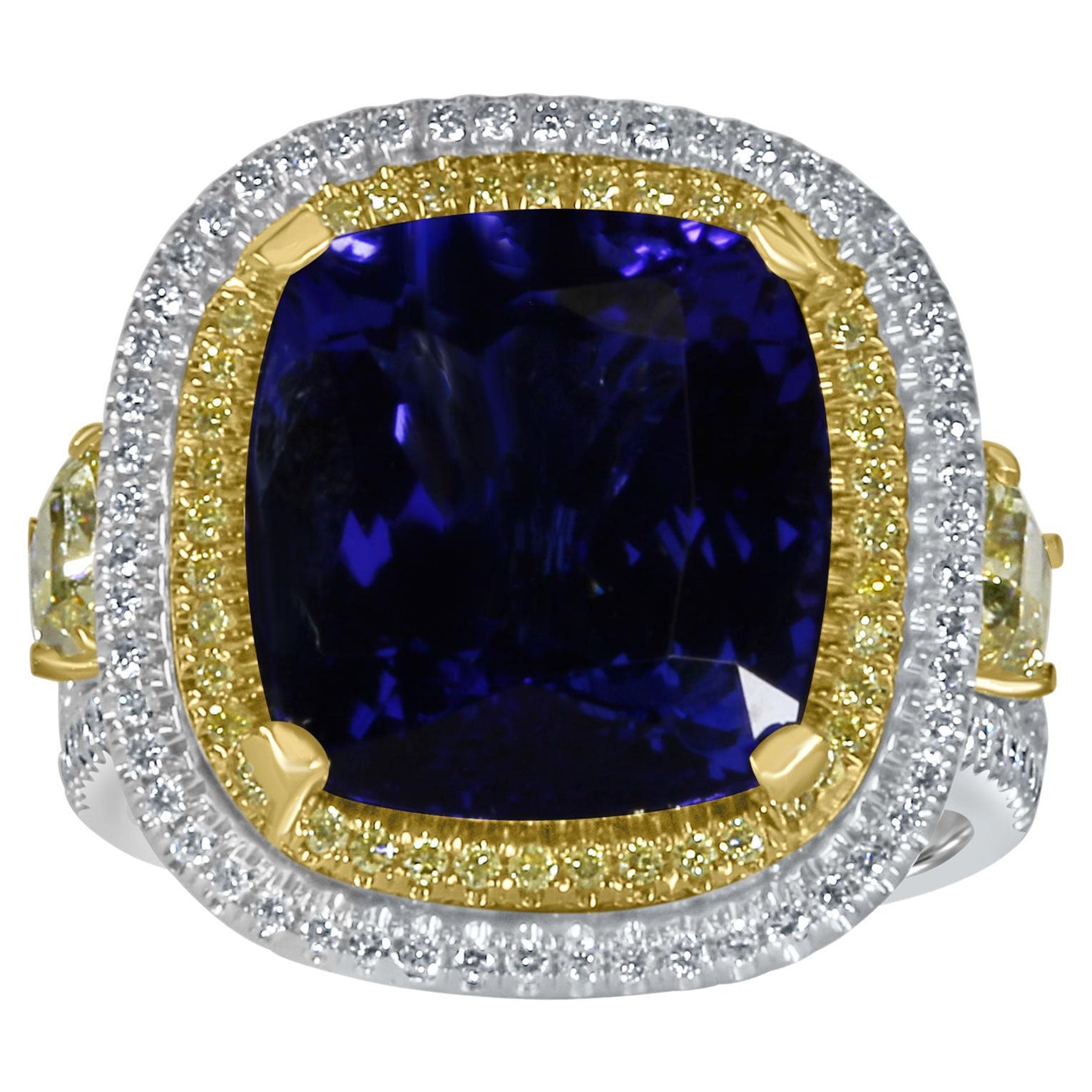 GIA Certified 10.34 Ctw Cushion Tanzanite Diamond Ring Halo 14K White Gold