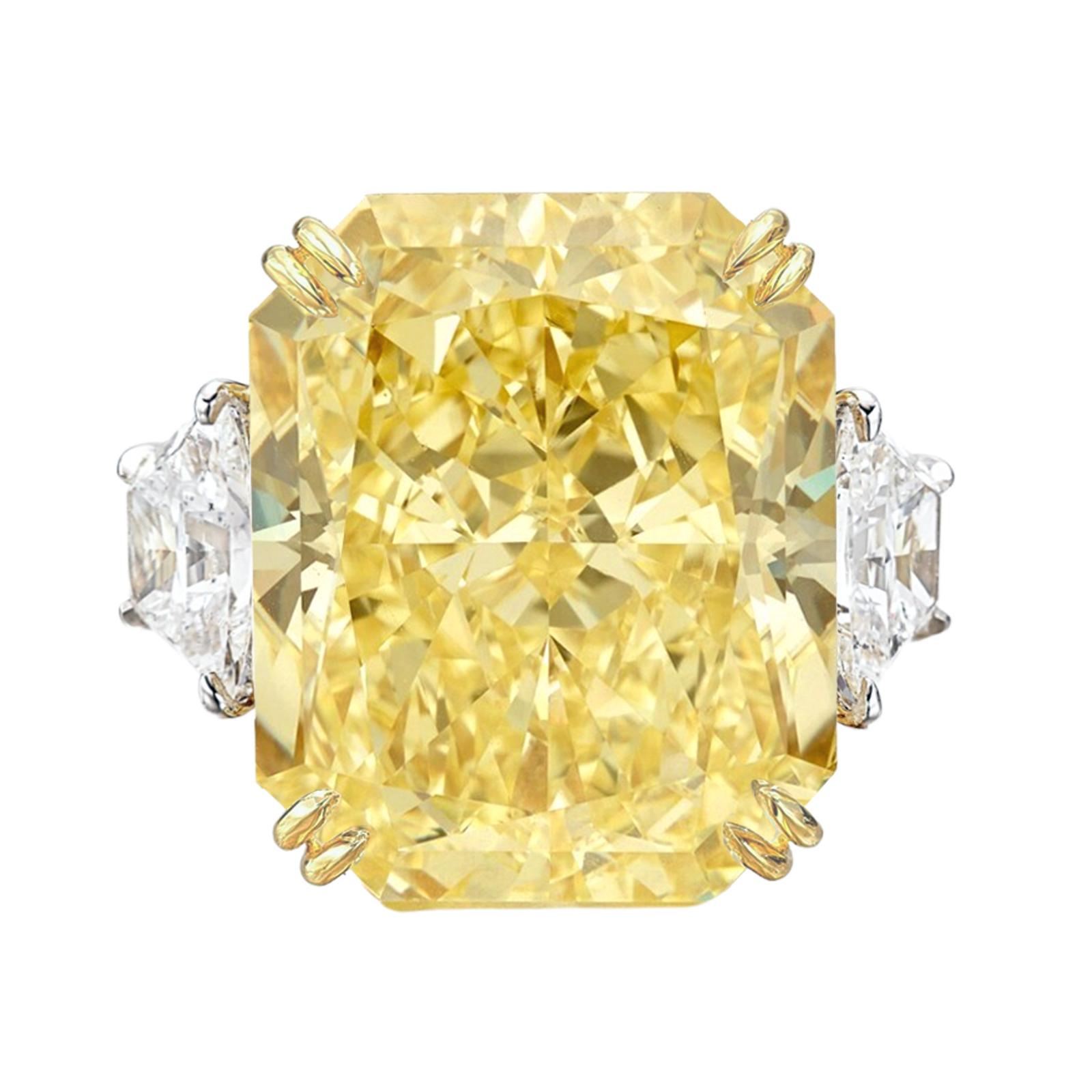 Modern GIA Certified 10.35 Carat Fancy Yellow Clarity Radiant Diamond Ring For Sale