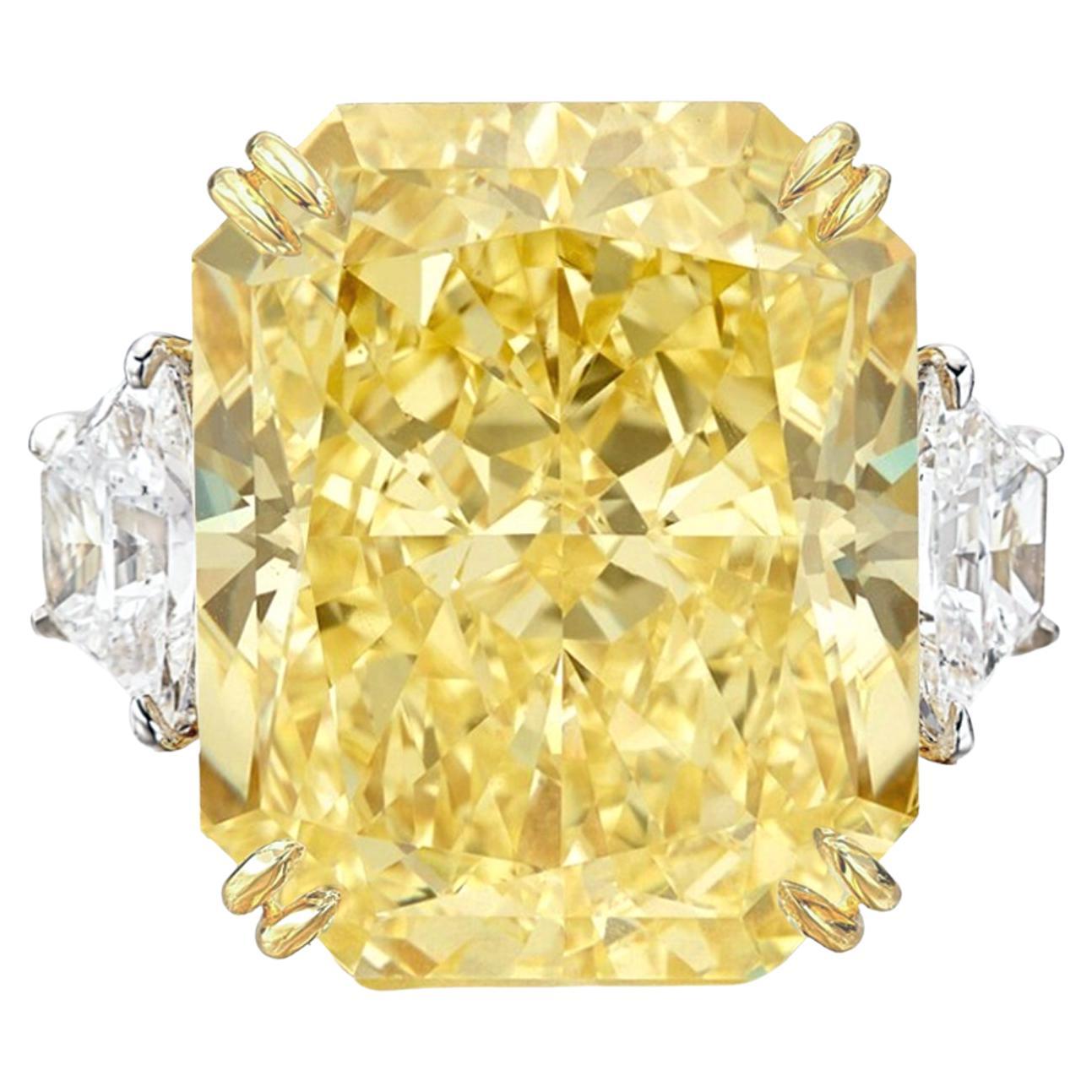 GIA Certified 10.35 Carat Fancy Yellow Clarity Radiant Diamond Ring For Sale