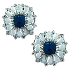 GIA Certified 10.35 Carat Sapphire, Aquamarine and Diamond Flower Earrings 