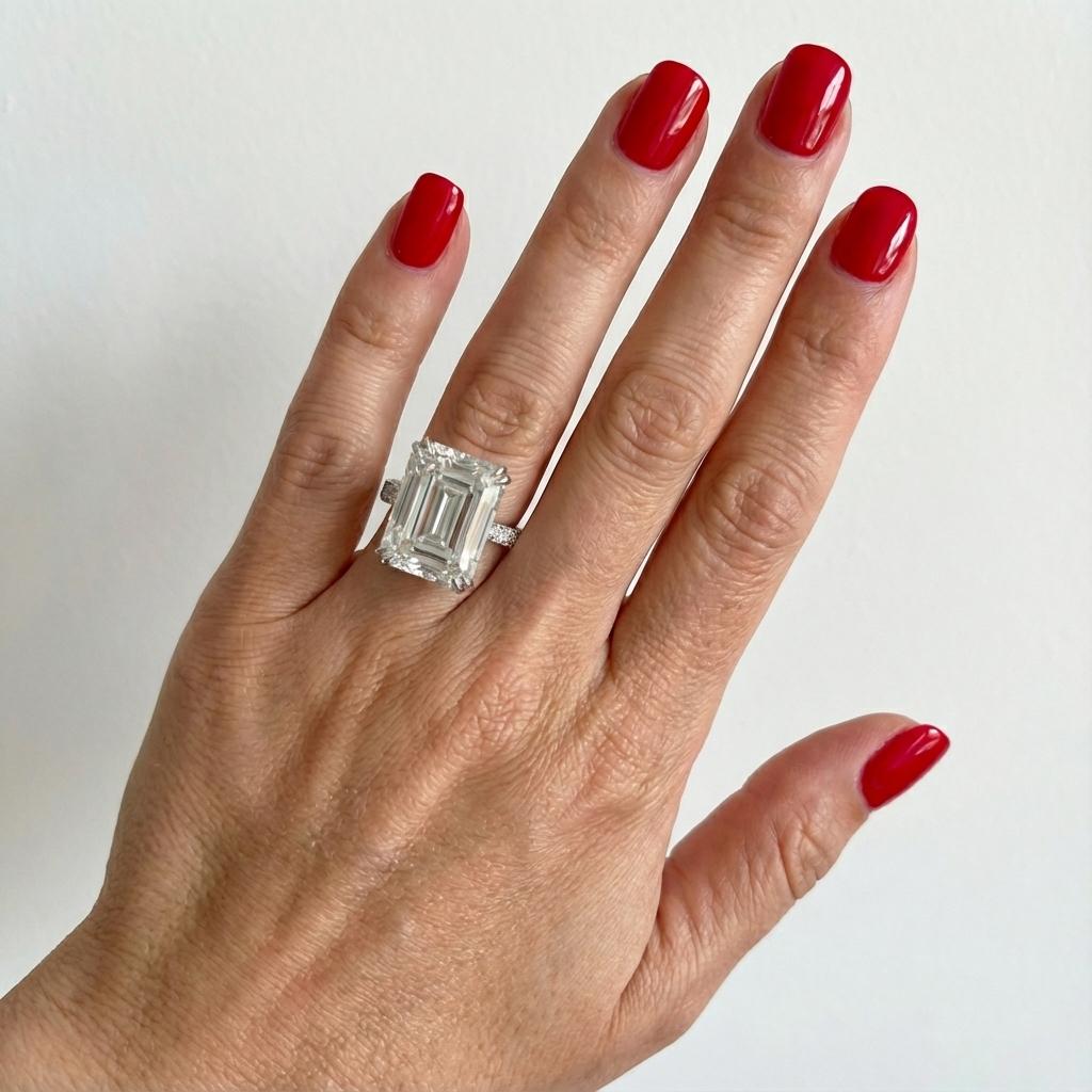 un diamant taille émeraude de 10,38 carats, certifié par le GIA, d'une symétrie et d'un poli parfaits, tous deux classés excellents. Ses proportions élégantes (14,63 × 10,51 × 6,79 mm) mettent en valeur les facettes en miroir de la pierre et la