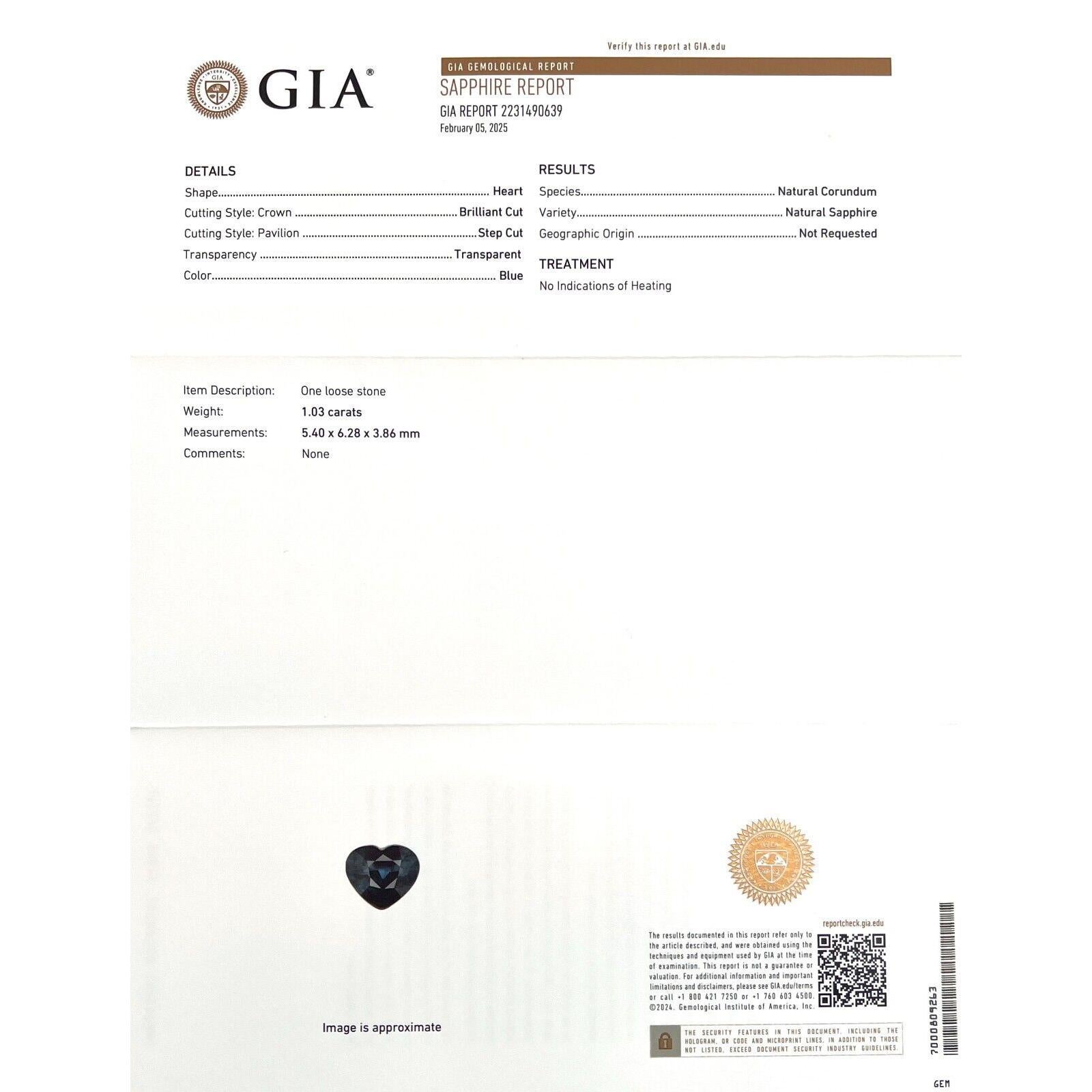 GIA zertifiziert 1,03ct tiefblauer Saphir unbehandelt Herzschliff natürlich 6,2x5,4mm

GIA-zertifiziert unbehandelten tiefblauen Herzschliff Saphir Edelstein.
1,03 Karat unerhitzter tiefblauer Saphir. Völlig unbehandelt und unerhitzt, was bei