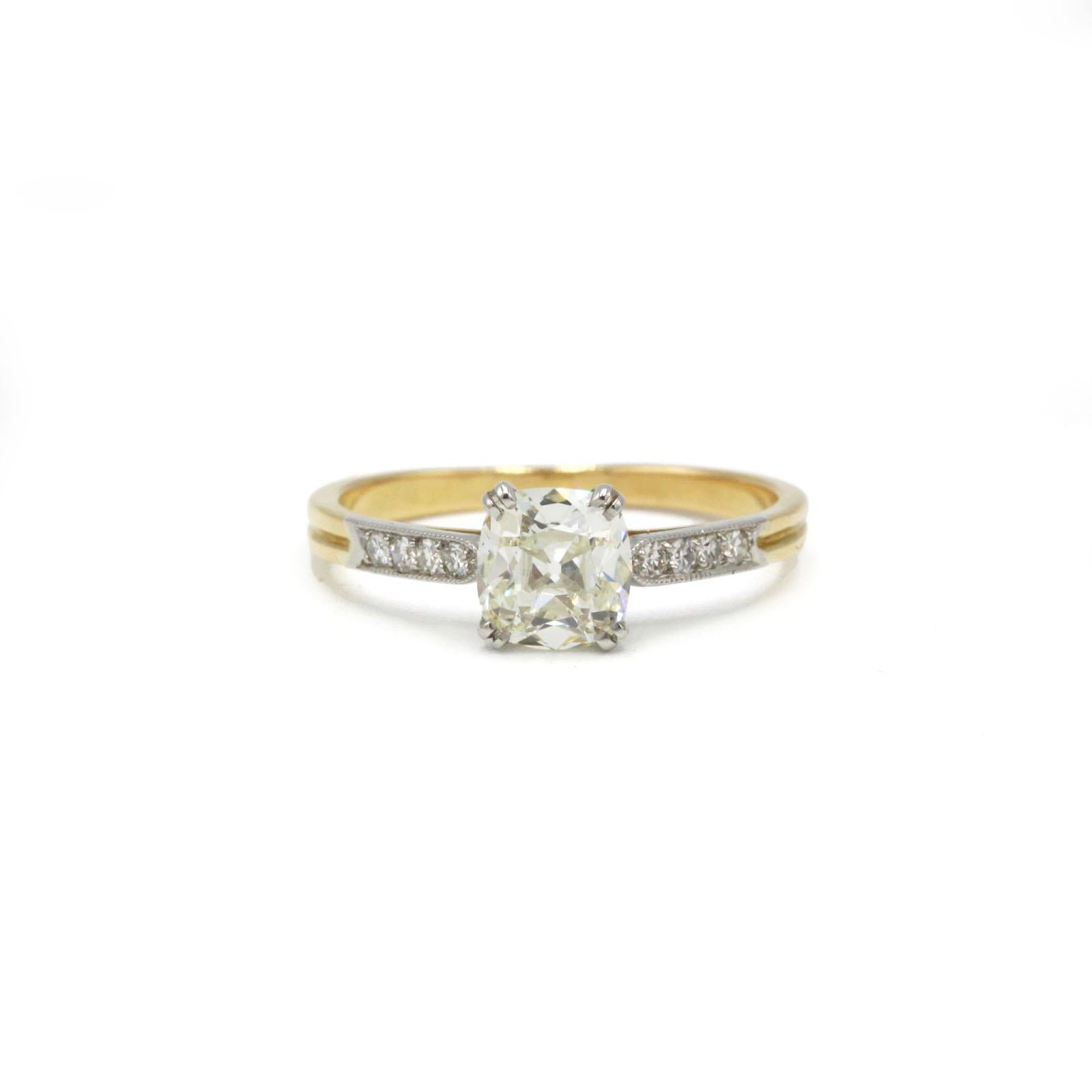 This elegant Art Deco solitaire ring is set with a GIA-certified 1.03-carat Old Mine Brilliant cut diamond, displaying the beautiful character and charm associated with early hand-cut stones. The diamond is graded N color and VS2 clarity, offering