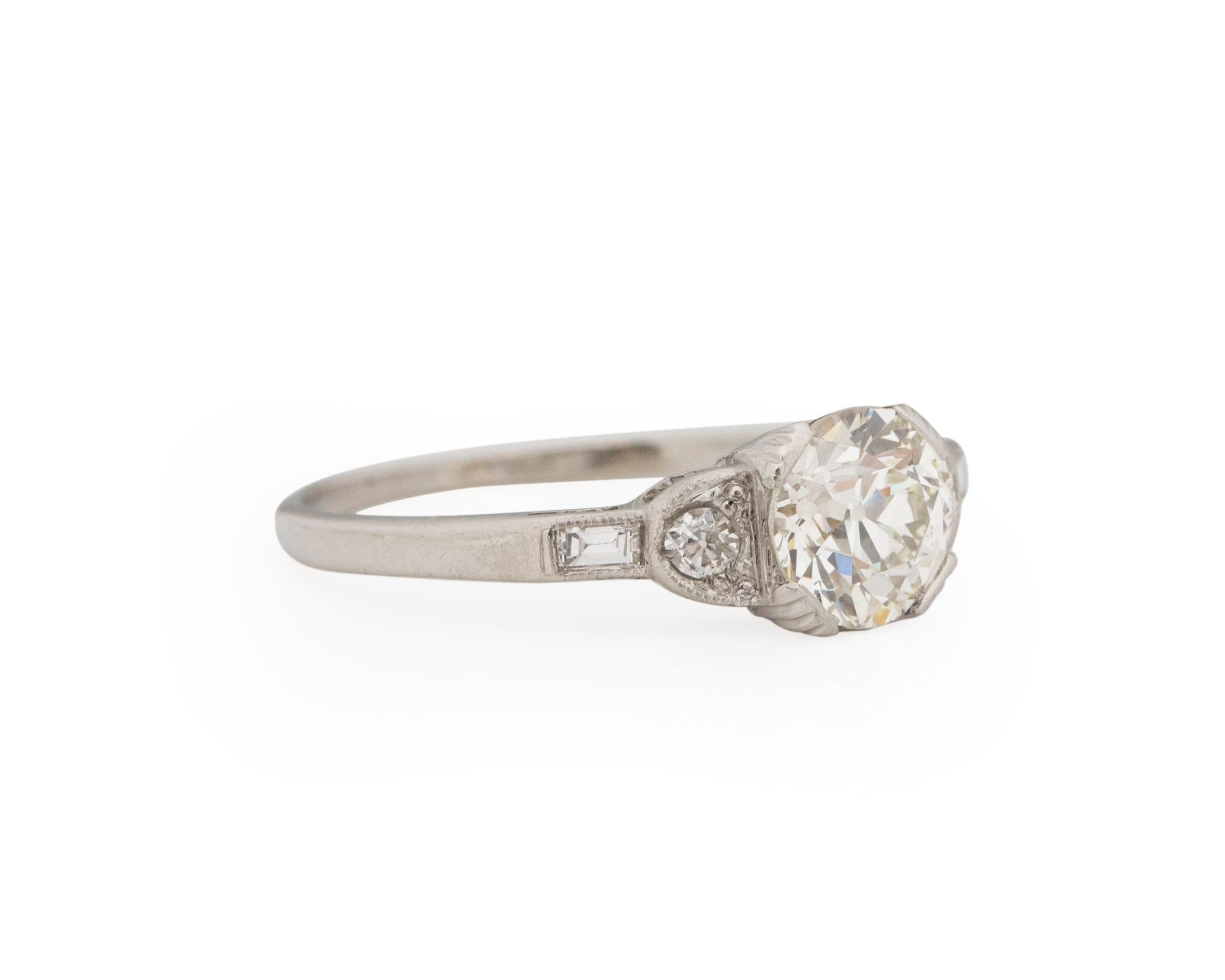 Ring Size: 6.75
Metal Type: Platinum [Hallmarked, and Tested]
Weight: 3.0 grams

Center Diamond Details:
GIA REPORT #: 2225084155
Weight: 1.04carat
Cut: Old European brilliant
Color: L
Clarity: VS1
Measurements: 6.42mm x 6.32mm x 4.09mmm

Side Stone