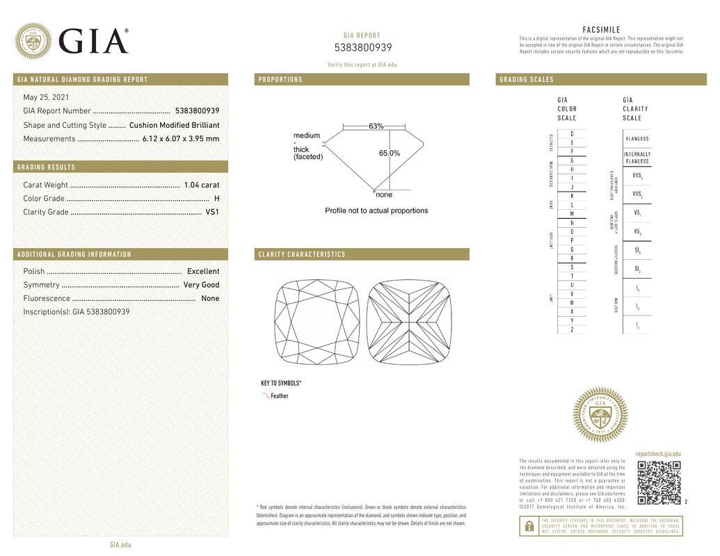 Contemporain Bague à diamant cathédrale certifiée GIA de 1,04 carat avec halo coussin classique en vente