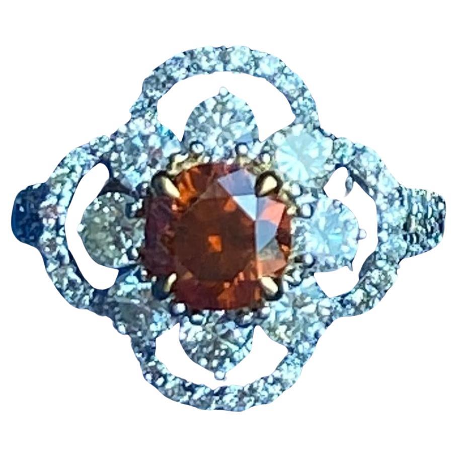 GIA Certified 1.04 Carat Fancy Deep Brownish Orange Diamond Floral Ring For Sale