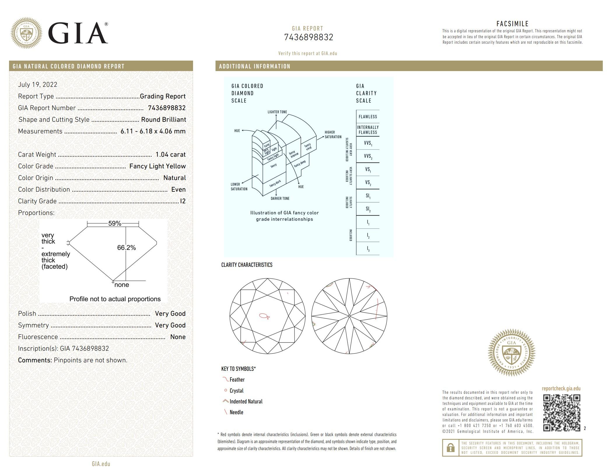 GIA Certified 1.04 Carat Fancy Light Yellow I2 Clarity Diamond For Sale 1