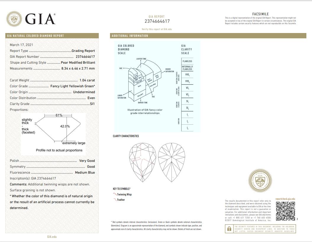 GIA Certified 1.04 Carat Fancy Light Yellowish Green SI1 Clarity Diamond For Sale 1