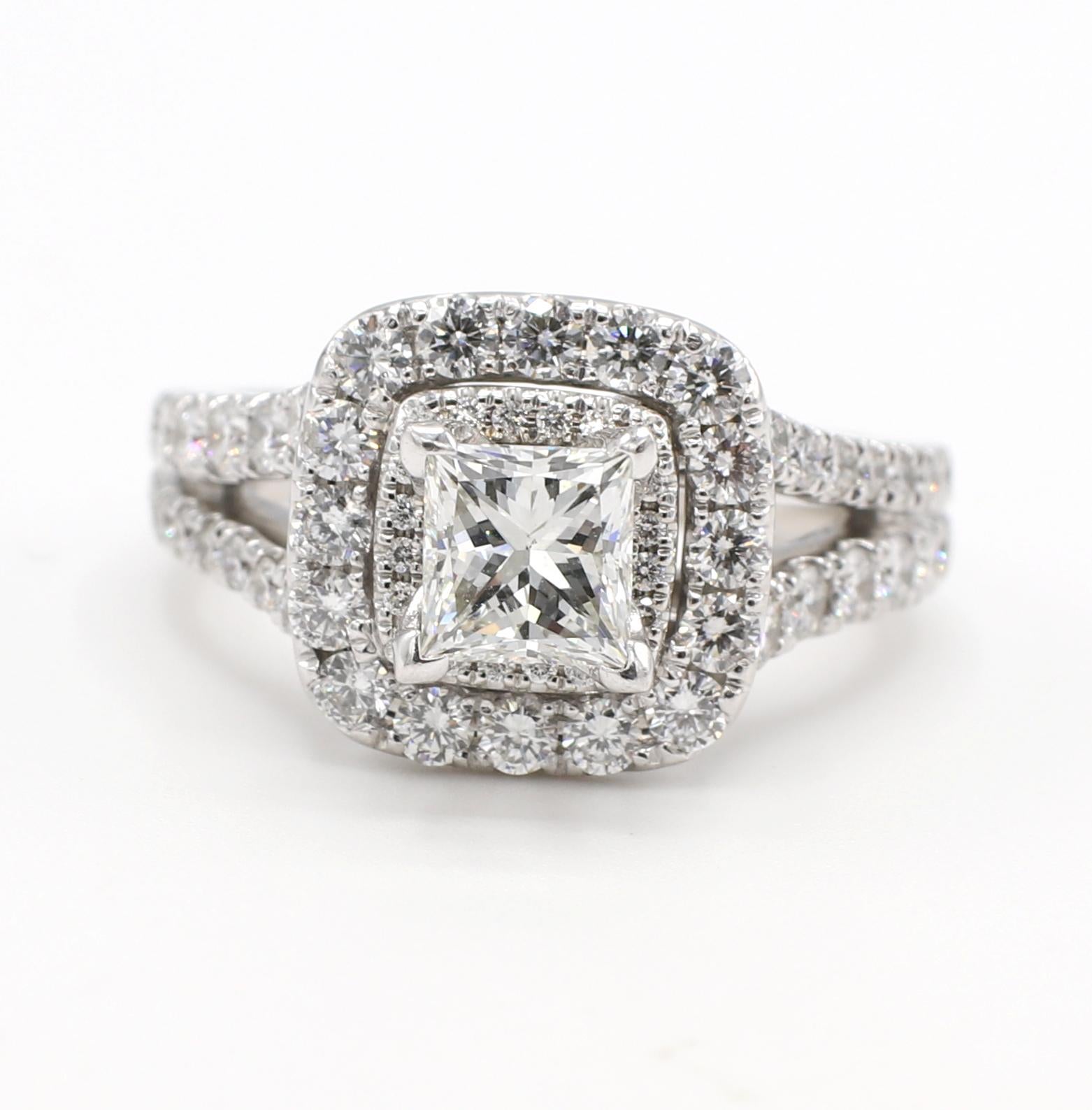 GIA Certified 1.04 Carat H VS2 Princess Cut Vera Wang Double Halo Diamond Engagement Ring with hidden blue sapphire 
GIA report number: 7278815359 (eReport)
Diamond: 1.04 carat H VS2 princess cut diamond
Accent diamonds: Approx. 1.00 CTW G VS round