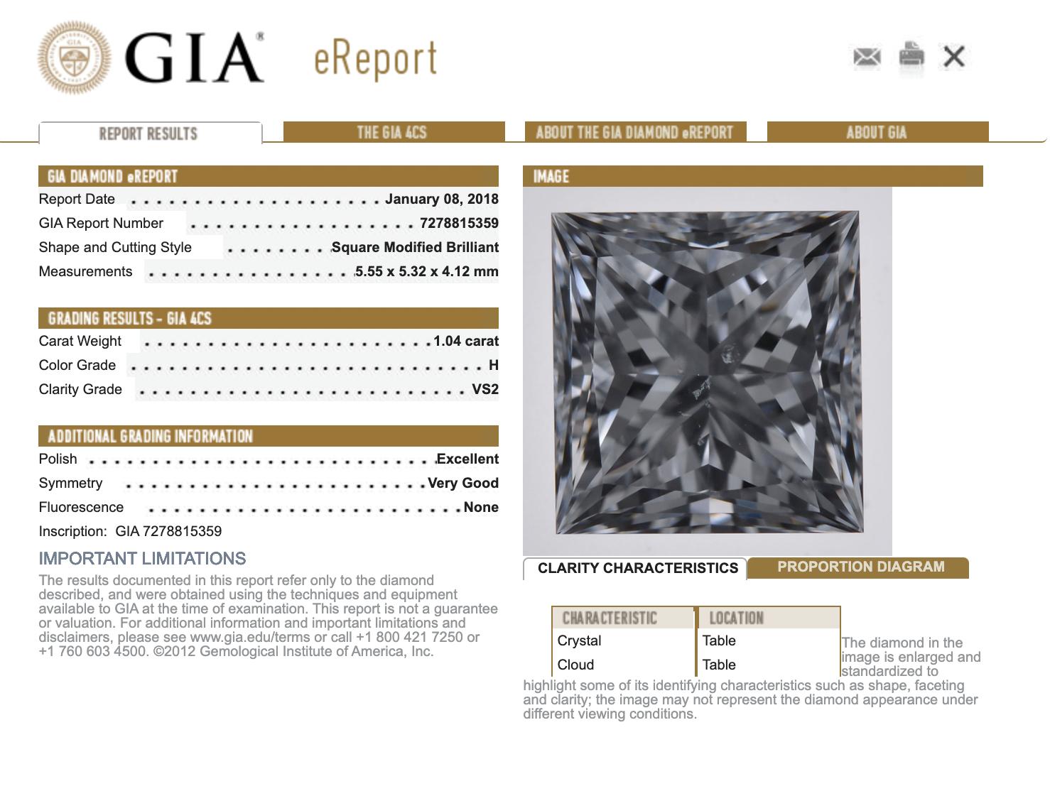 GIA Certified 1.04 Carat H VS2 Princess Cut Vera Wang Diamond Engagement Ring 1
