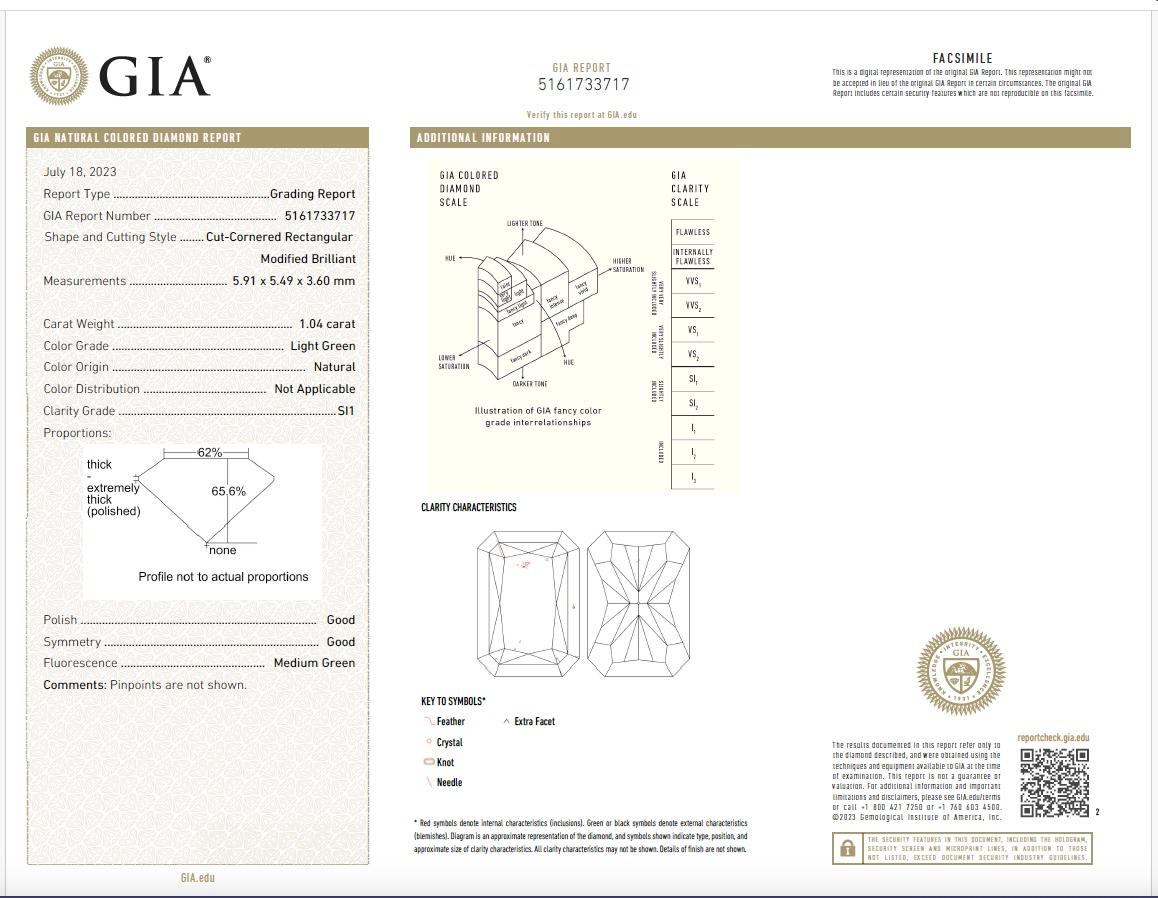 GIA certified  1.04 carat Light Green  Diamond  Ring For Sale 4