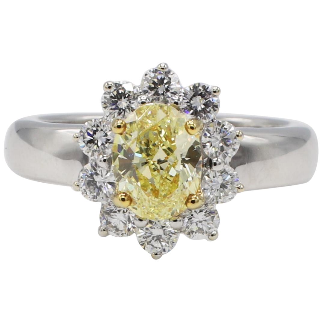 GIA Certified 1.04 Carat Natural Fancy Intense Yellow Oval Diamond Ring