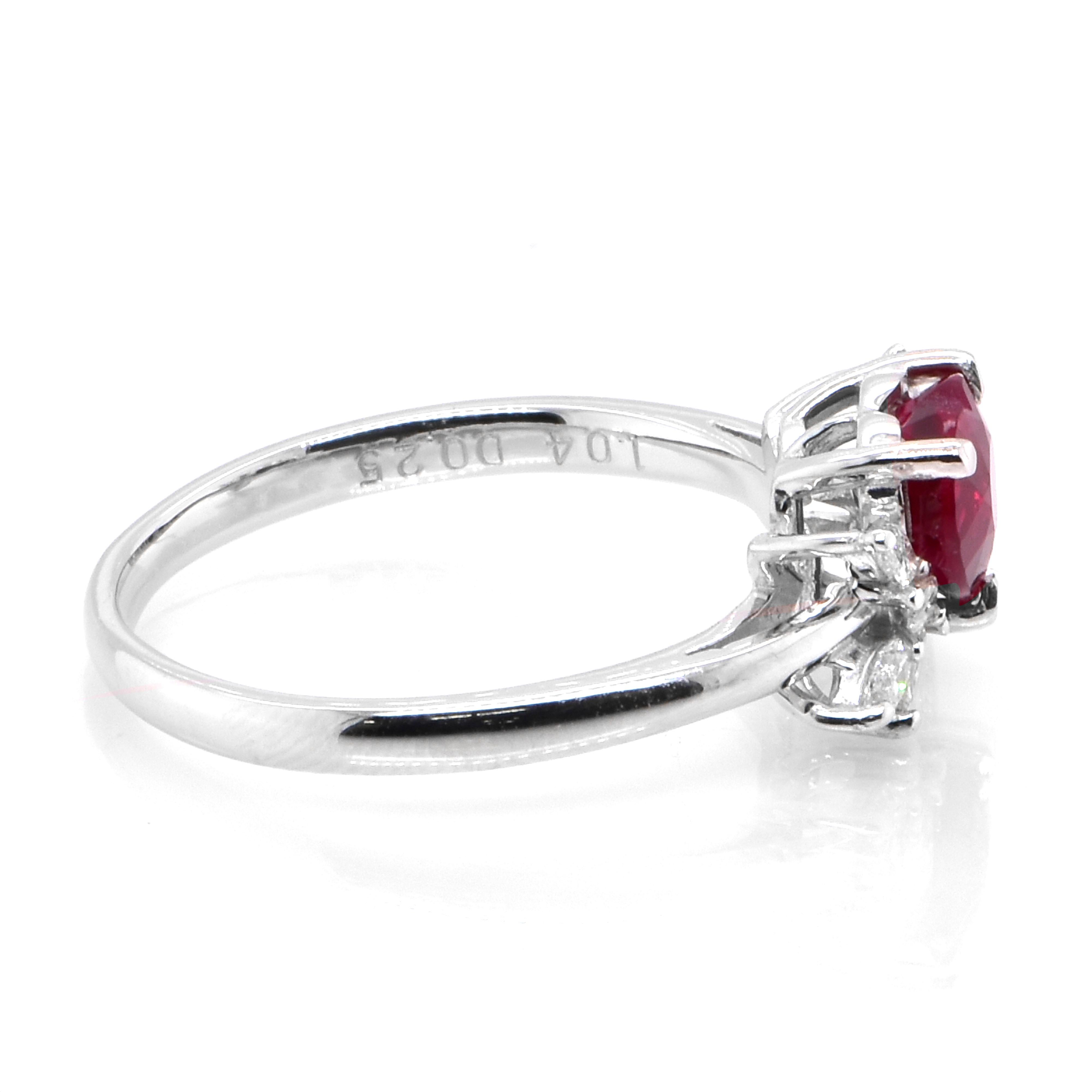 Modern GIA Certified 1.04 Carat, Pigeon Blood Red, Burmese Ruby Ring Made in Platinum For Sale