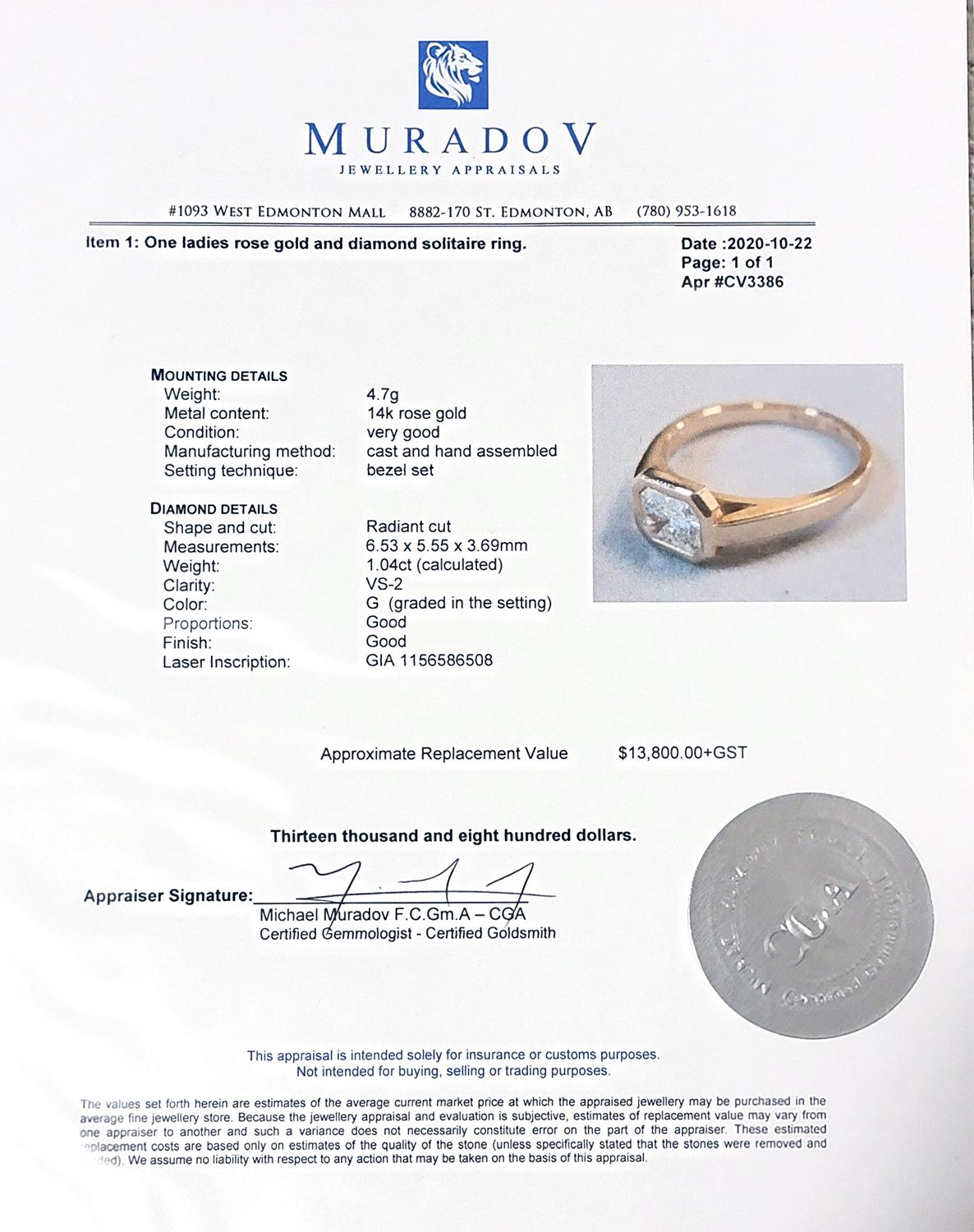 GIA Certified 1.04 Carat Radiant Diamond and Rose Gold Solitaire Ring For Sale 1