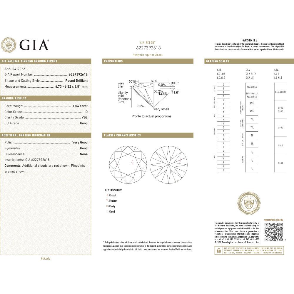 GIA-zertifizierter 1,04 Karat runder Brillant VS2 D farbloser Verlobungsring für Damen oder Herren im Angebot