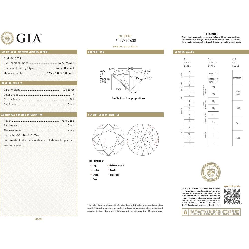 Taille ronde Bague de fiançailles avec diamant rond de 1,04 carat de couleur F certifié par le GIA en vente