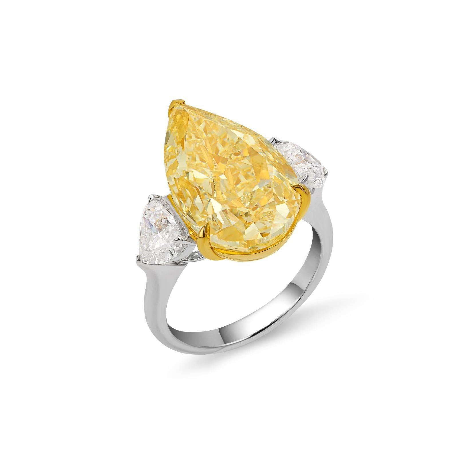 Modern GIA Certified 10.40 Carat Fancy Yellow Pear Cut 18k Yellow Gold Platinum Ring For Sale