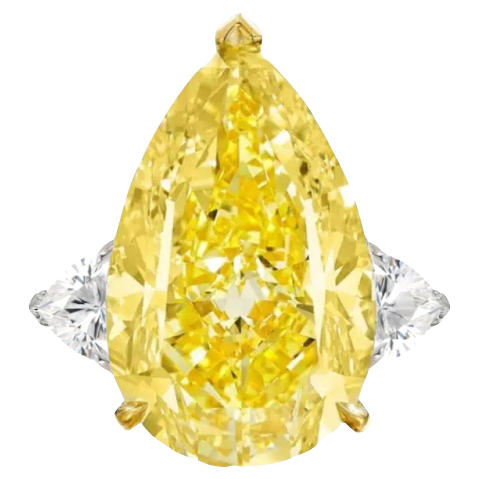 GIA Certified 10.40 Carat Fancy Yellow Pear Cut 18k Yellow Gold Platinum Ring For Sale