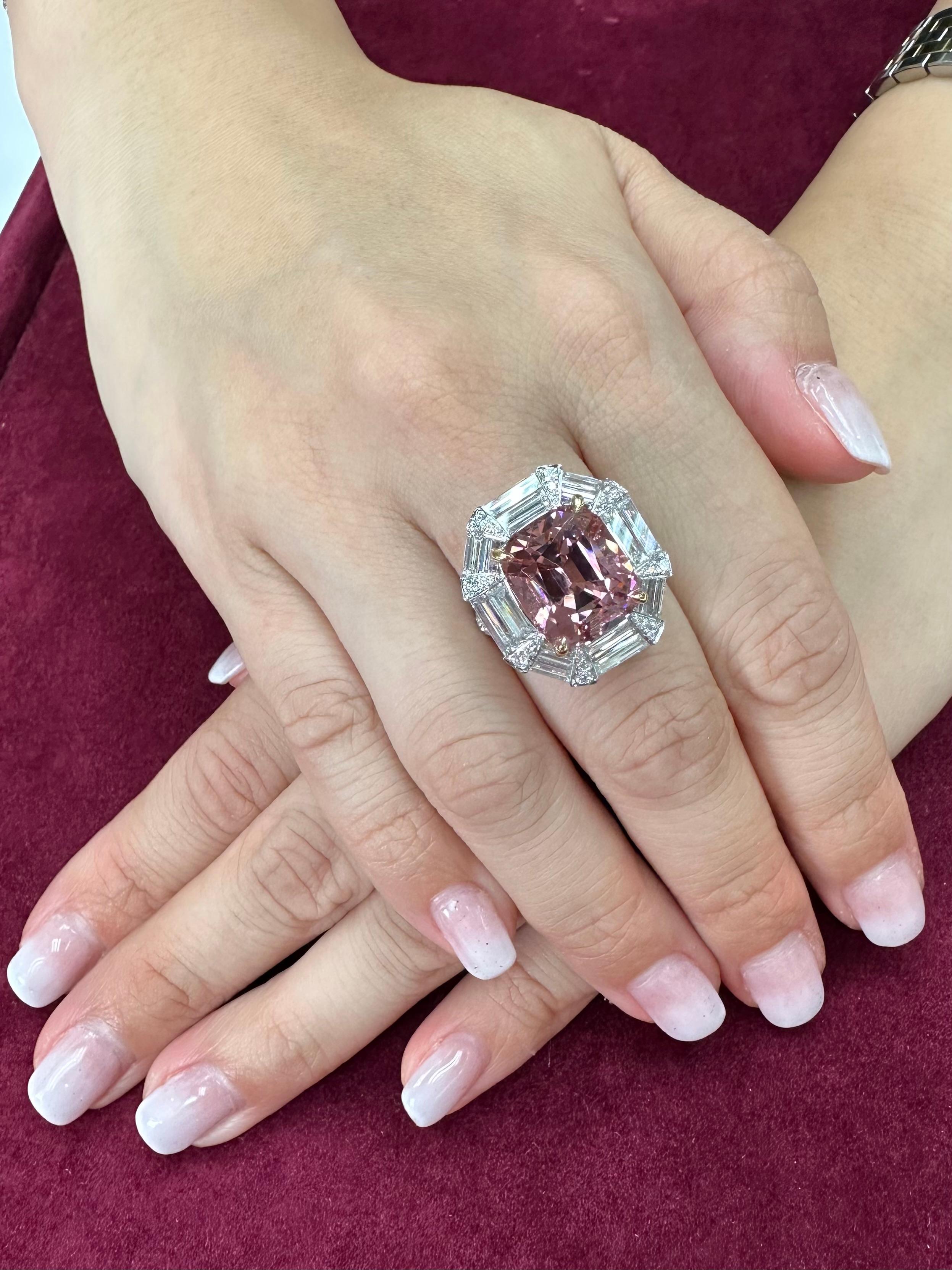GIA Certified 10.43 Carat Pink Tourmaline & Diamond Ring, Huge Statement Piece For Sale 2