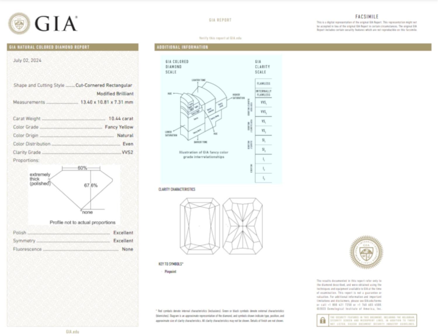 Contemporary GIA Certified 10.44 Carat Fancy Yellow Radiant Diamond 18k Gold Platinum Ring