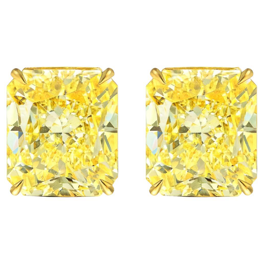 GIA Certified 10.49 Carat Total Weight Fancy Yellow Cushion Diamond Stud Earring