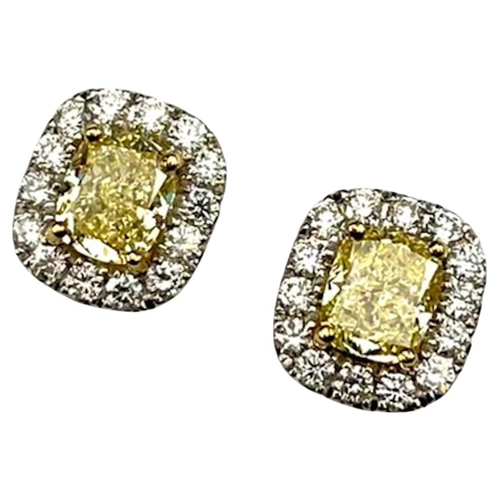 GIA Certified 1.04Ct and 1.03Ct Radiant Natural Fancy Yellow Diamond Earrings