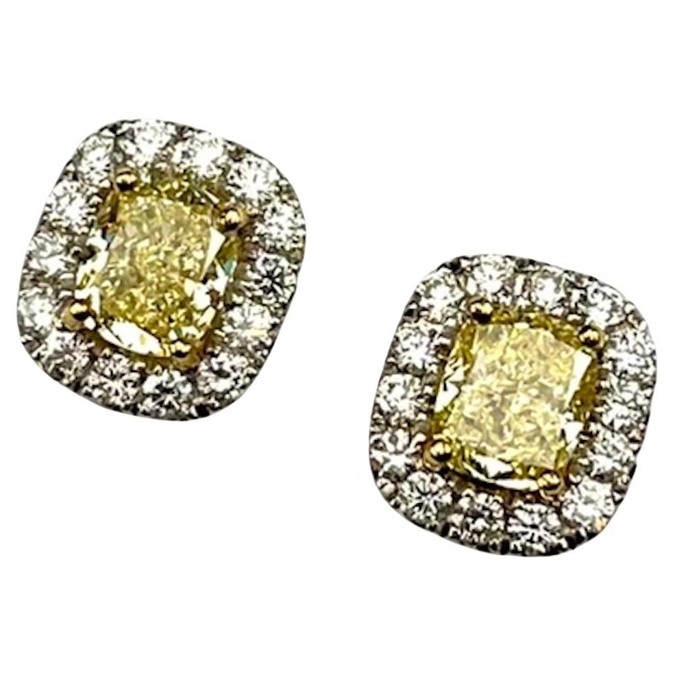 Pendientes de diamantes amarillos fantasía naturales radiantes de 1,04 y 1,03 quilates, certificados por GIA