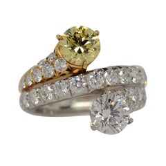 GIA Certified 1.04ct Fancy Yellow & 1.02ct F-Color Diamond by Pass Platinum Ring