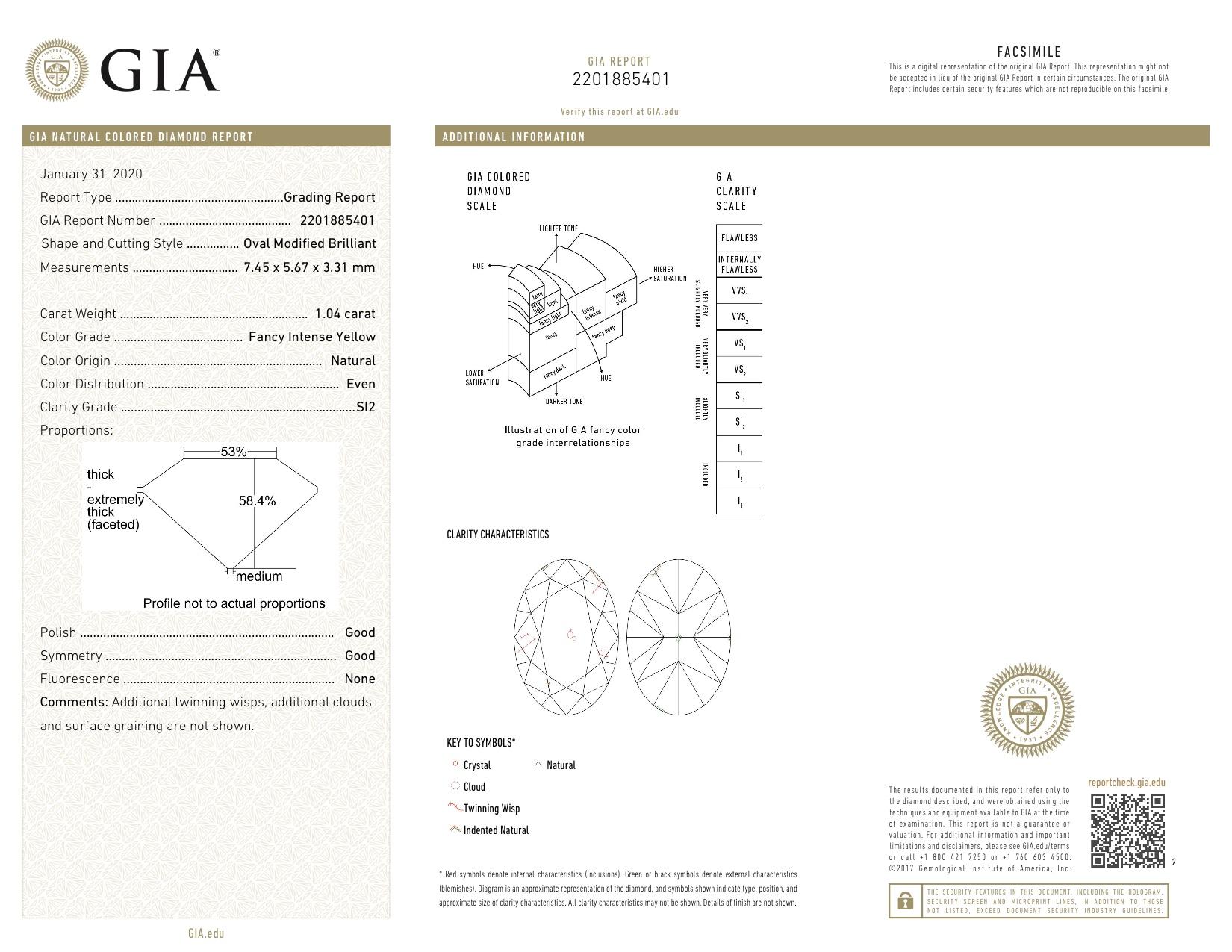 GIA Certified 1.04 Carat Natural Fancy Intense Yellow Oval Diamond Ring 1