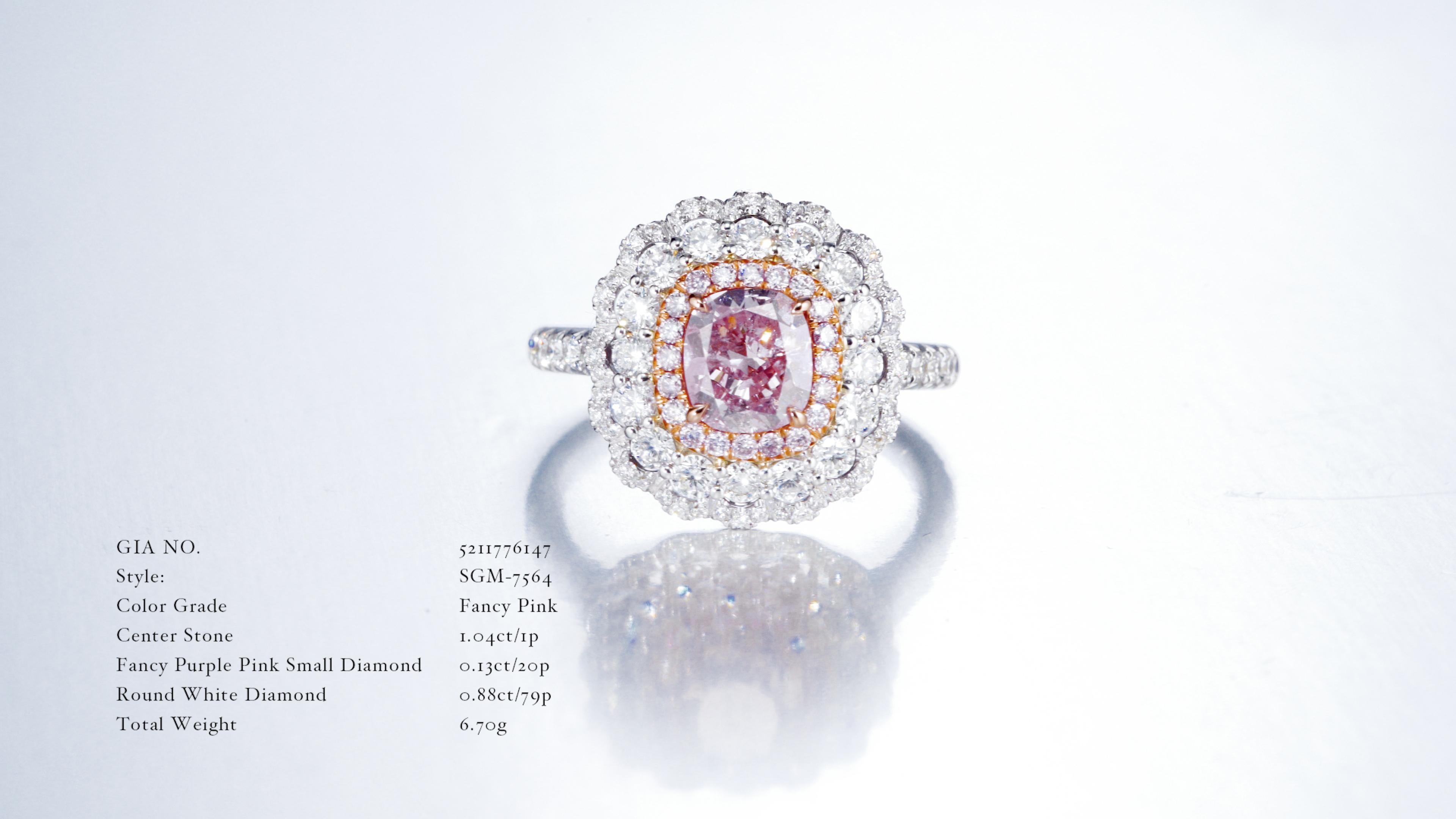 Elevate your jewelry collection with the enchanting allure of this GIA Certified 1.04 carat Natural Fancy Pink Cushion Shape Diamond Ring. The center stone, with its vivid pink hue and cushion cut, radiates a timeless charm, serving as the focal