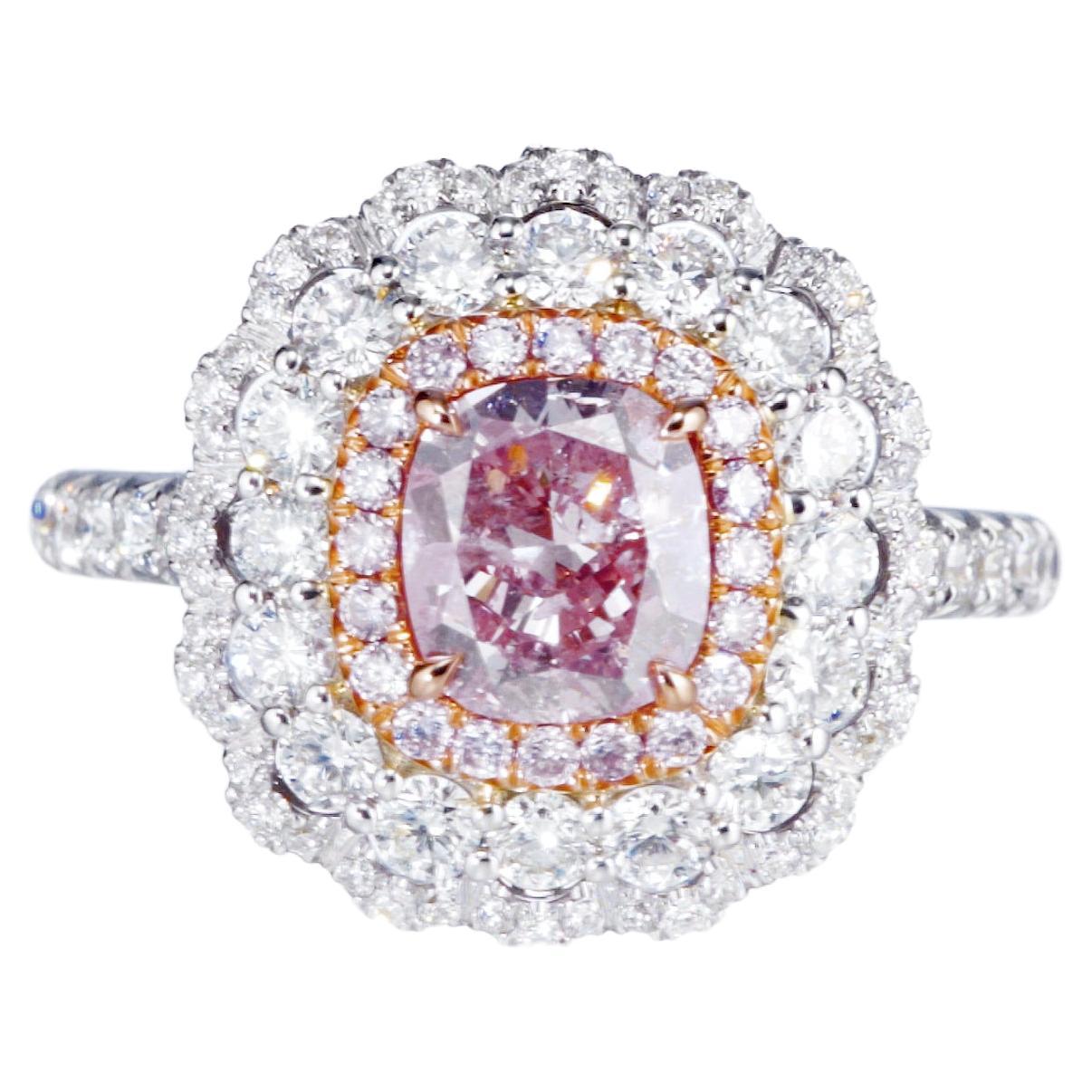 Bague en or 18 carats avec diamant rose fantaisie taille coussin de 1,04 carat, certifié GIA