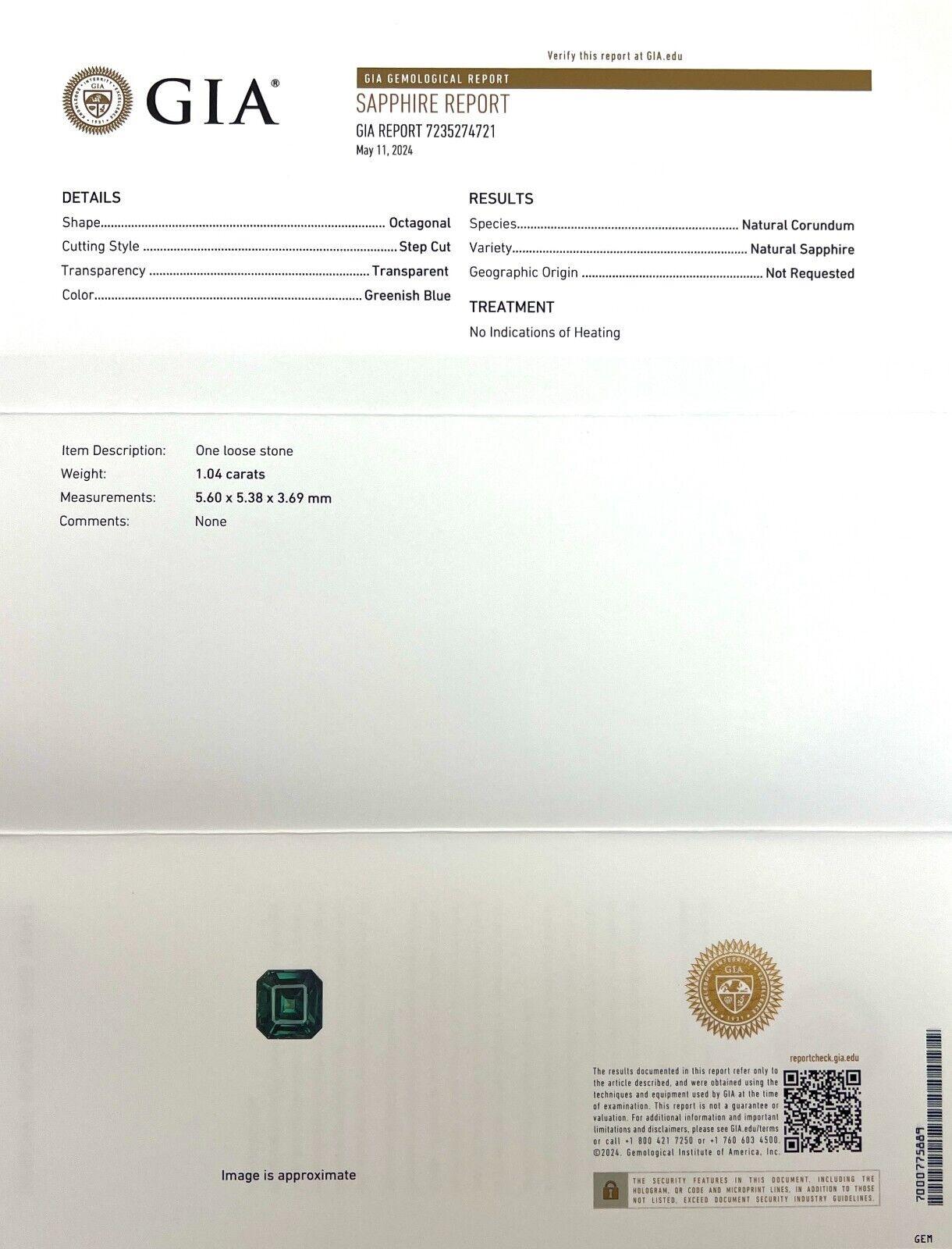 Gia Certified 1.04ct Sapphire Octagon Natural Green Blue Untreated 5.6x5.3mm

Natural Untreated Greenish Blue Octagon Sapphire Gemstone.
1.04 Carat unheated sapphire with a beautiful deep greenish blue colour.
Fully certified by GIA confirming stone