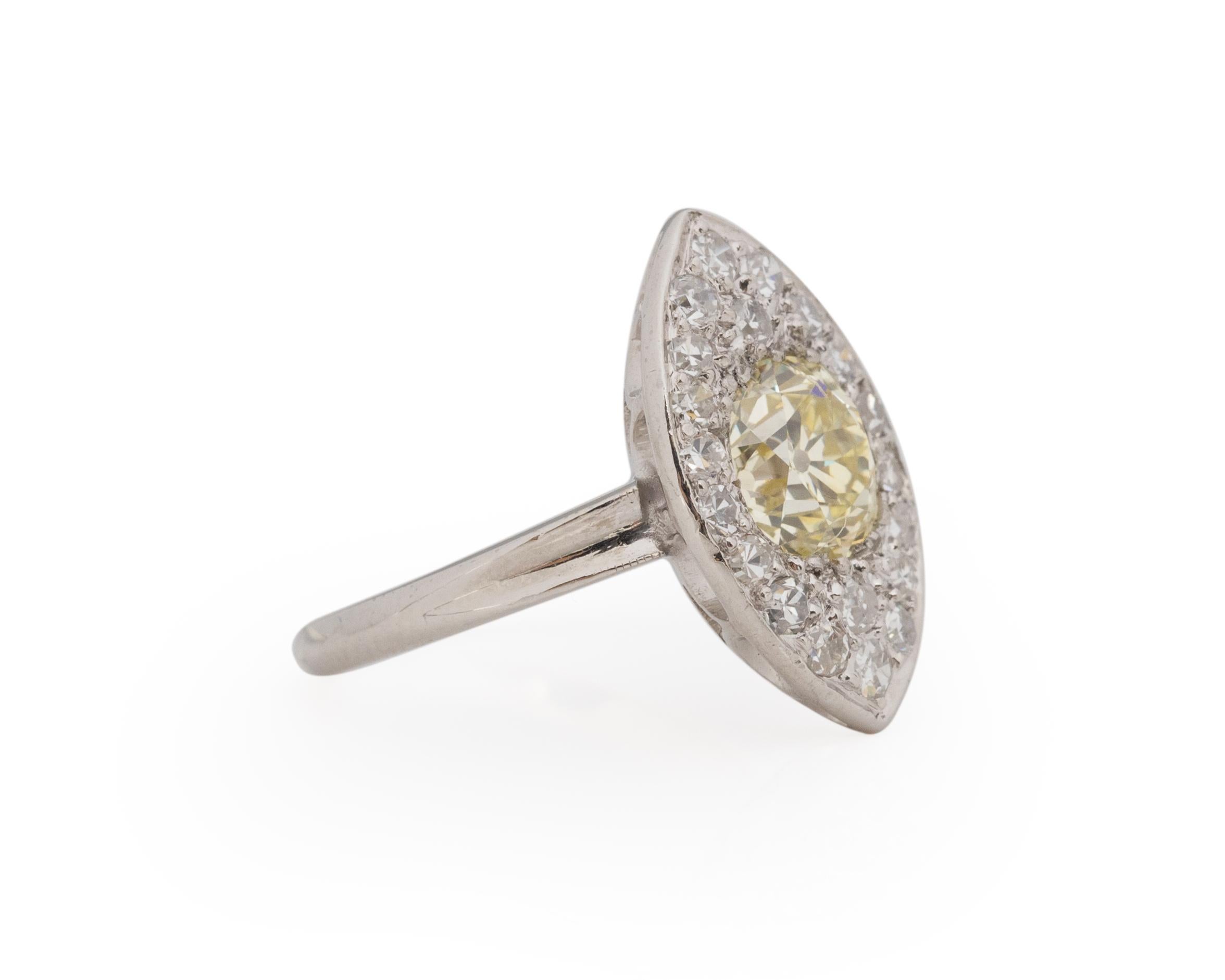 Ring Size: 4
Metal Type: Platinum [Hallmarked, and Tested]
Weight: 4.2 grams

Center Diamond Details:
GIA REPORT #:2221030101
Weight: 1.05ct
Cut: Old European brilliant
Color: Light Yellow (U/V)
Clarity: SI2
Measurements: 6.36mm x 6.24mm x
