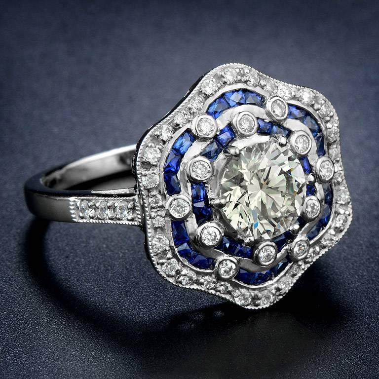 Art Deco GIA Certified 1.05 Carat Diamond Blue Sapphire Engagement Ring