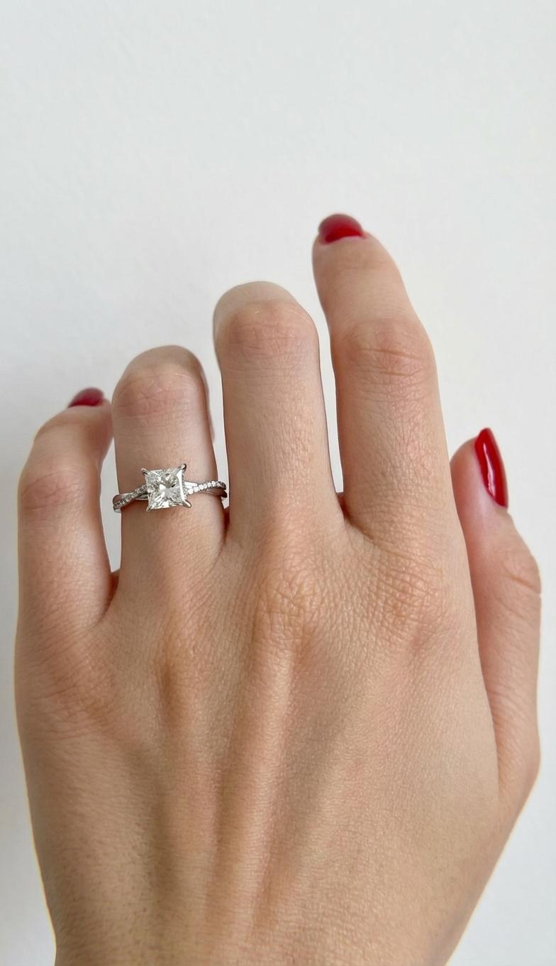Cette élégante bague de fiançailles Design/One est ornée d'un superbe diamant de taille princesse certifié GIA, magnifiquement serti dans de l'or blanc 14 carats raffiné, avec un design croisé moderne. La bague présente un poids total de diamants